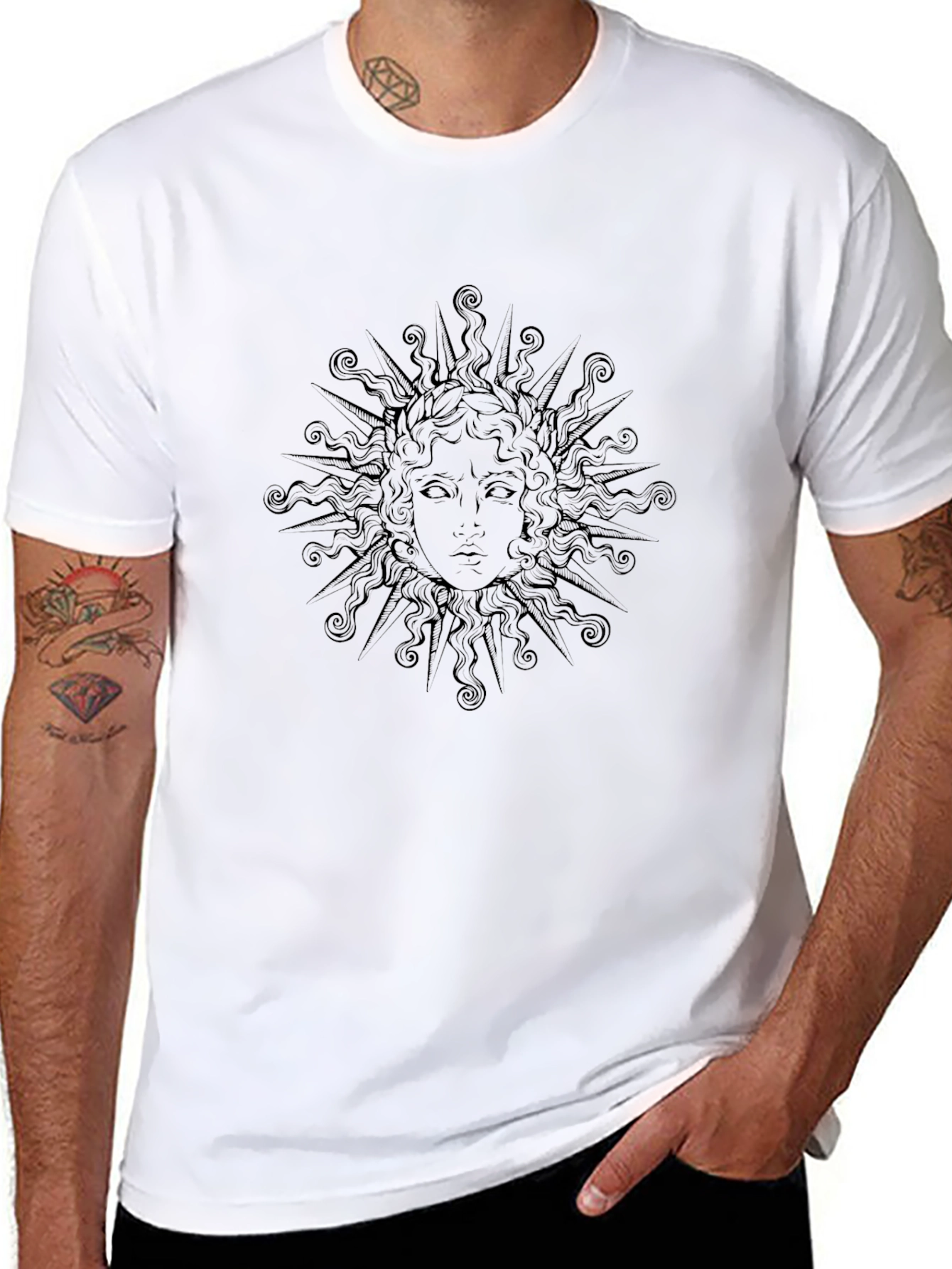Black T-Shirt with Sun Face Graphic