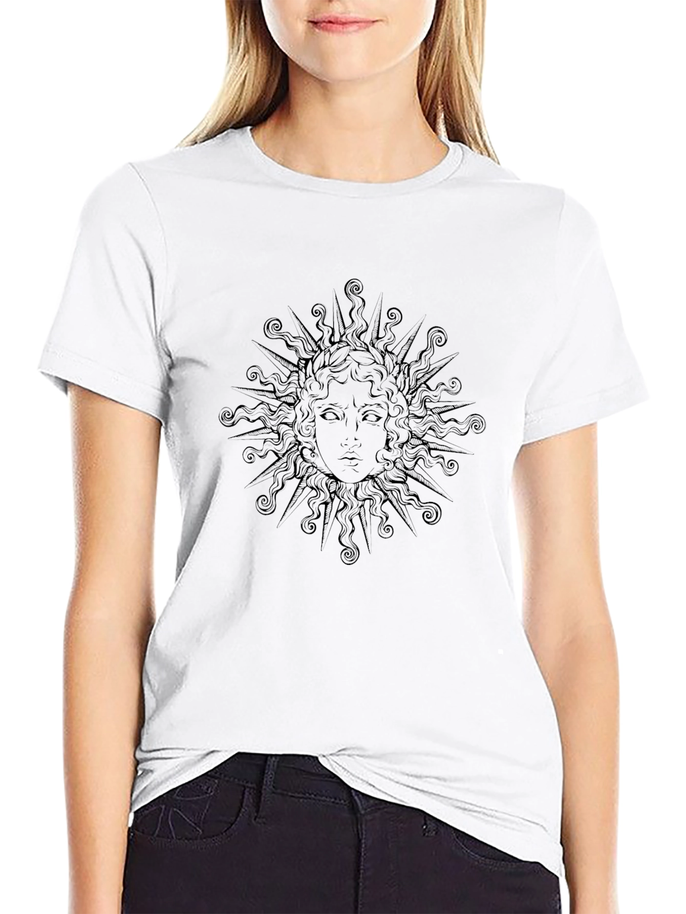 Black T-Shirt with Sun Face Graphic