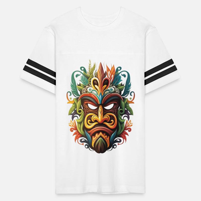 Epic T-shirt design of a tiki maori mask, coloful