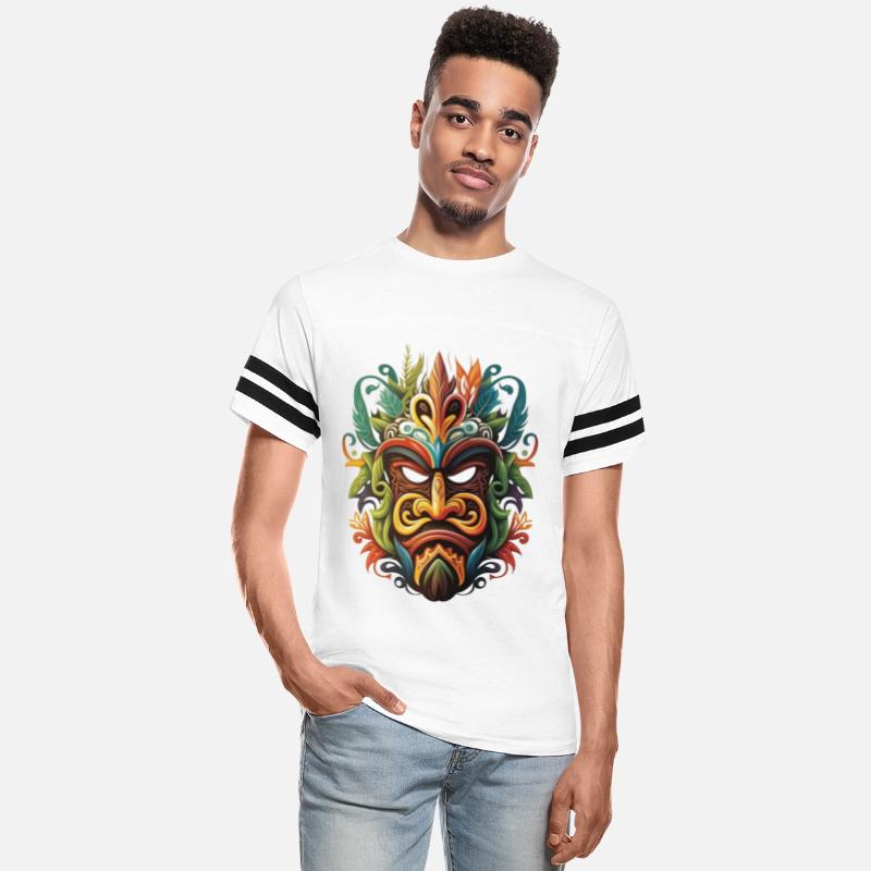 Epic T-shirt design of a tiki maori mask, coloful
