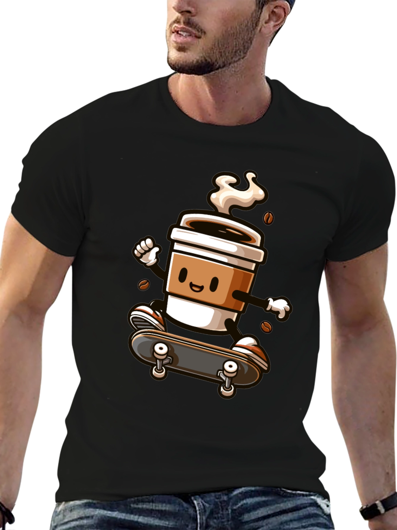 Skateboarding Coffee Cup Graphic Tee - Black Cotton Shirt