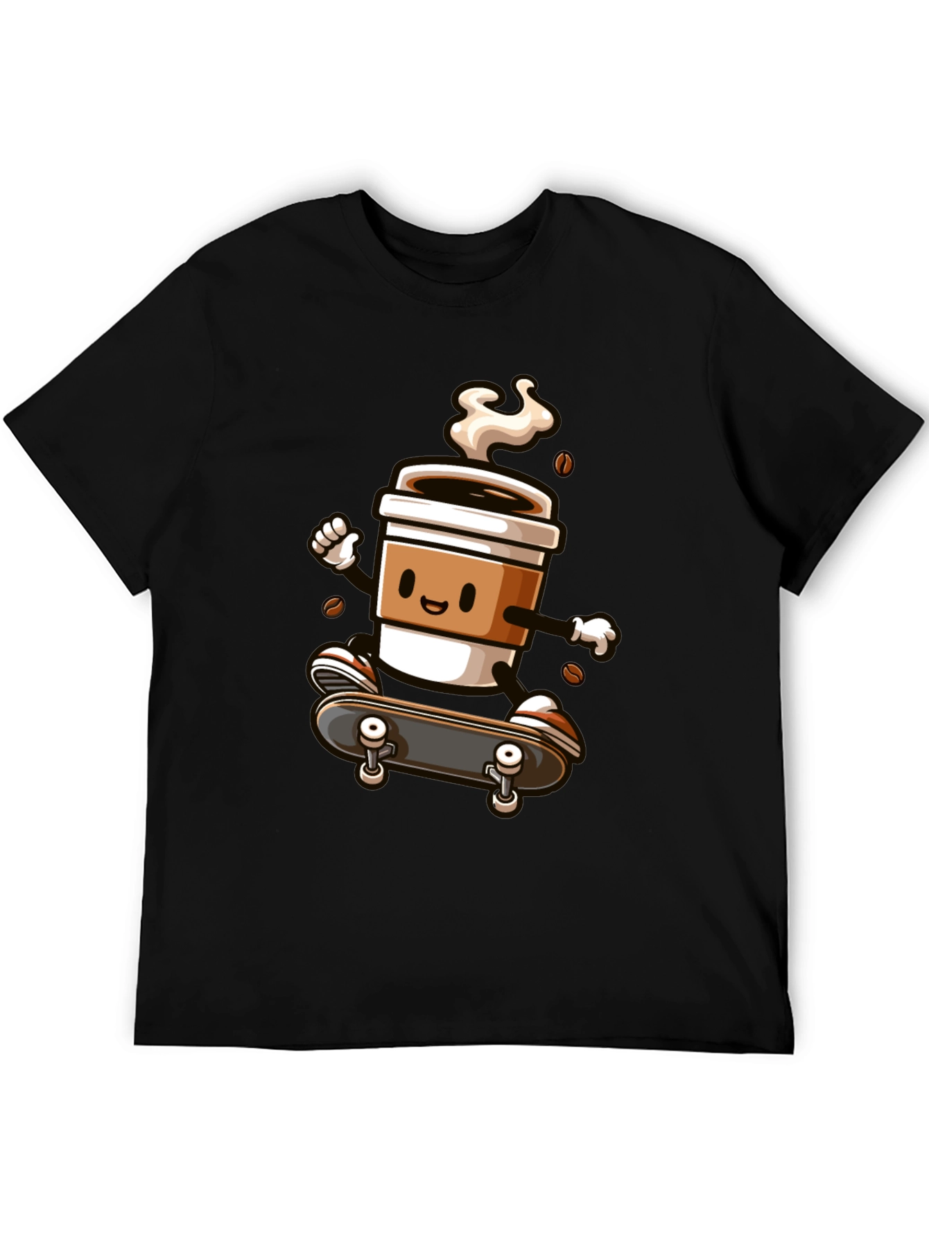 Skateboarding Coffee Cup Graphic Tee - Black Cotton Shirt
