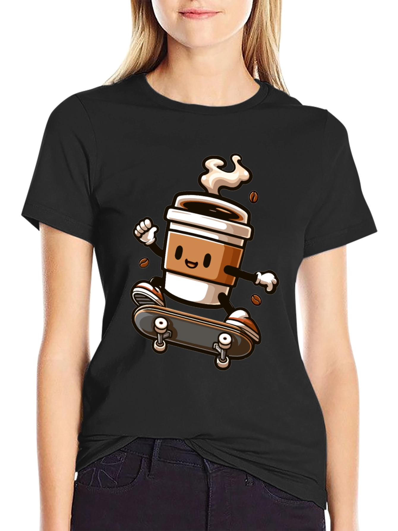 Skateboarding Coffee Cup Graphic Tee - Black Cotton Shirt