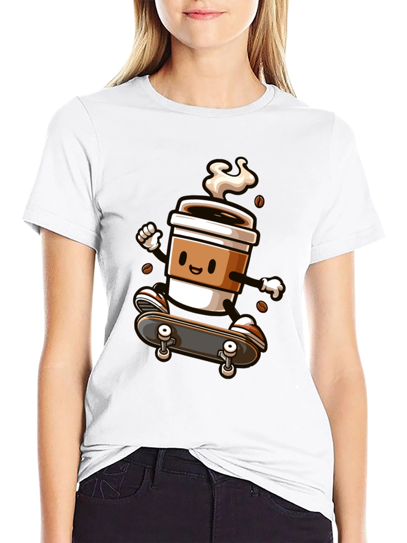 Skateboarding Coffee Cup Graphic Tee - Black Cotton Shirt