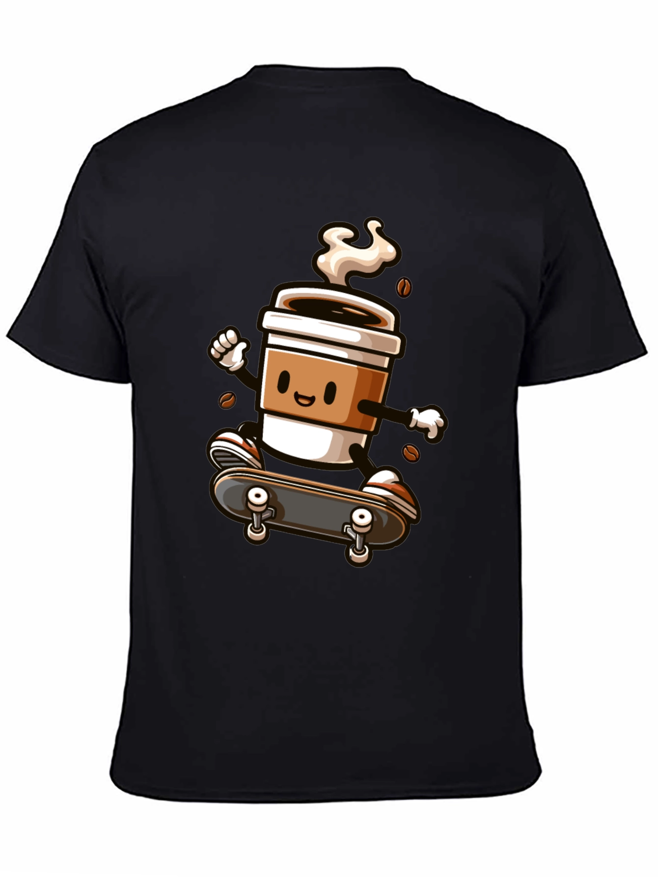 Skateboarding Coffee Cup Graphic Tee - Black Cotton Shirt
