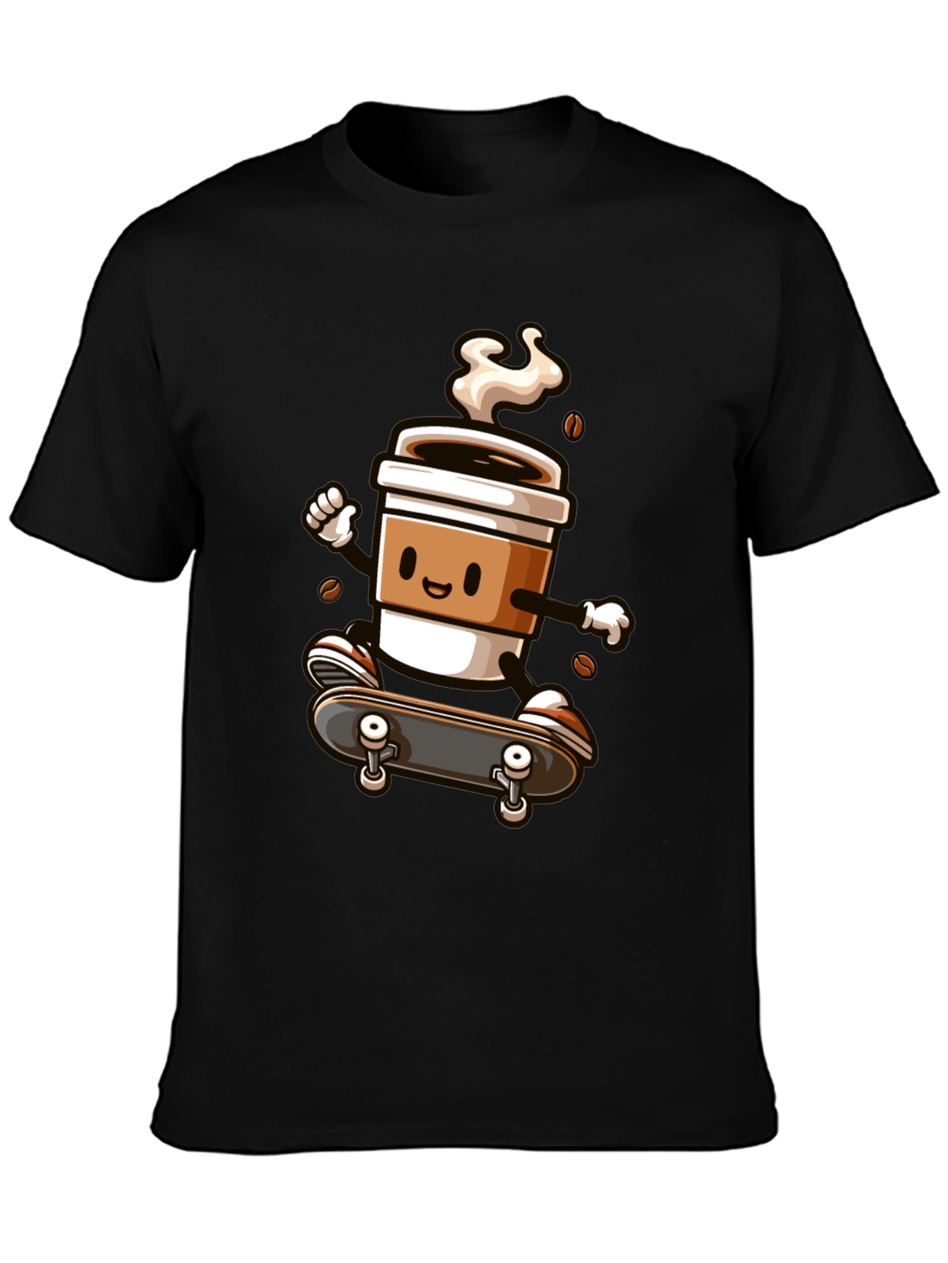 Skateboarding Coffee Cup Graphic Tee - Black Cotton Shirt
