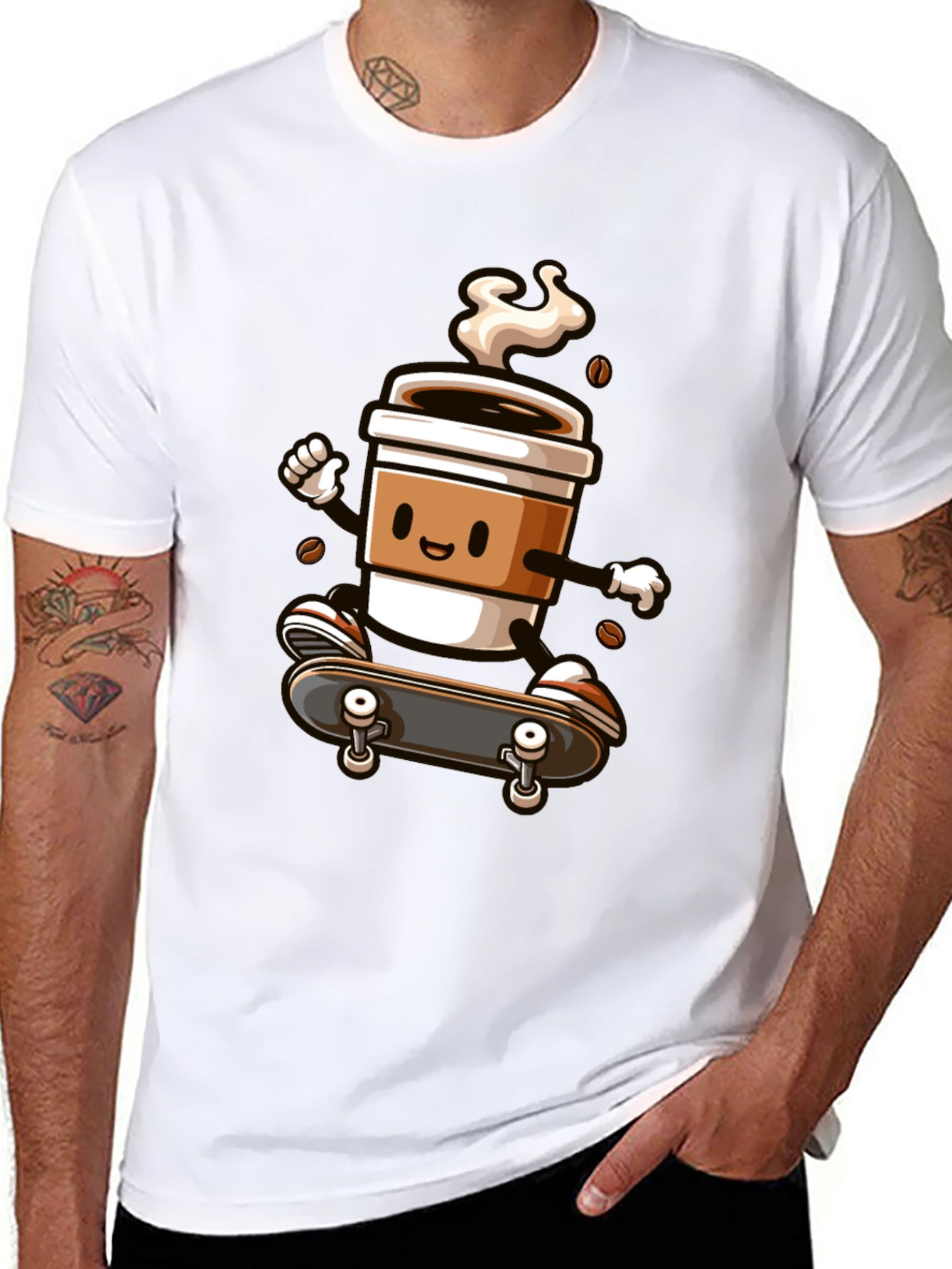 Skateboarding Coffee Cup Graphic Tee - Black Cotton Shirt