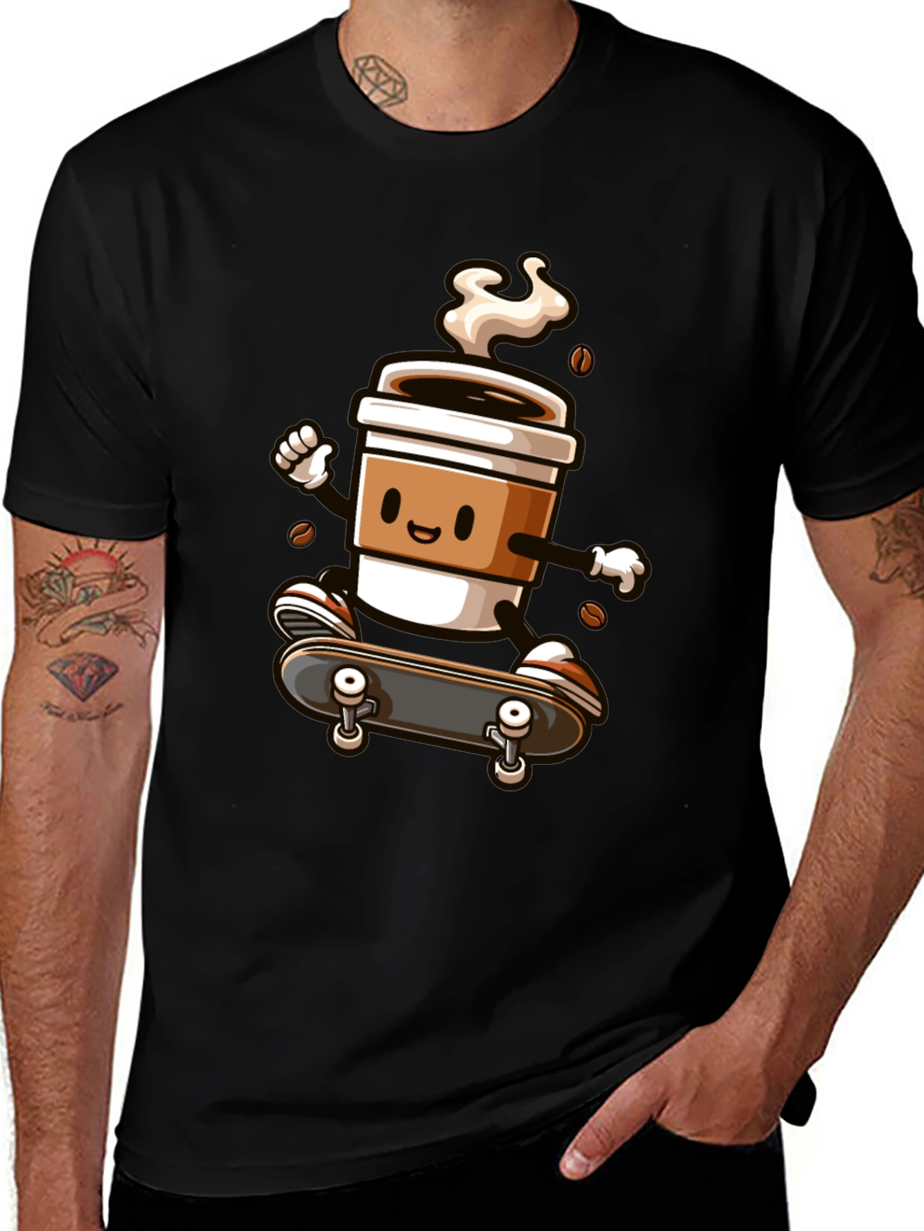 Skateboarding Coffee Cup Graphic Tee - Black Cotton Shirt