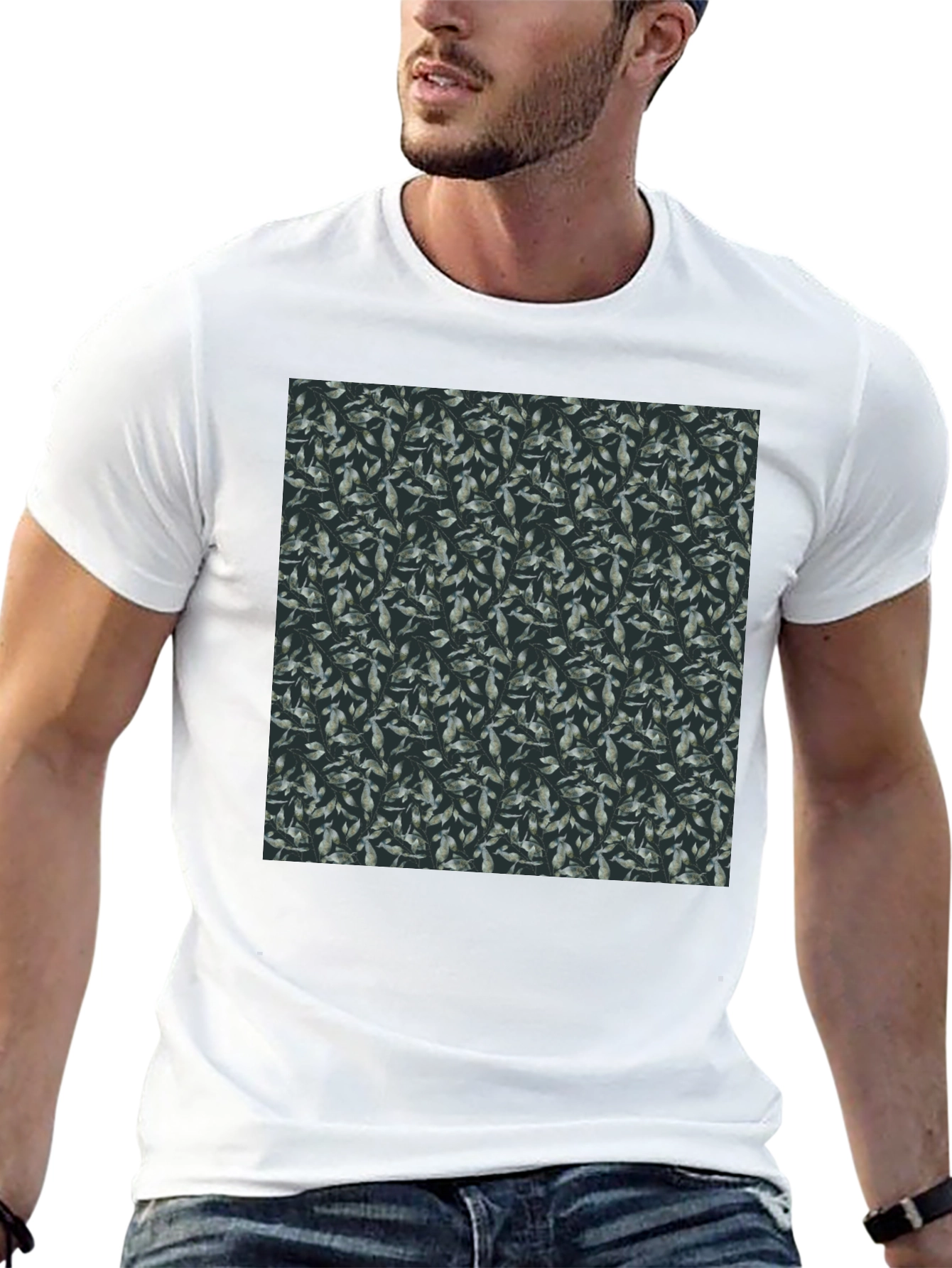 Black Tee with Botanical Leaf Print