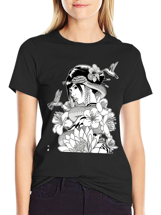 Geisha Snake Black T-Shirt - Unique Graphic Tee