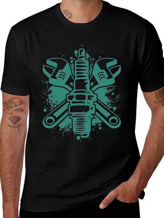 Mechanics Tee: Wrench & Spark Plug Graphic Black T-Shirt