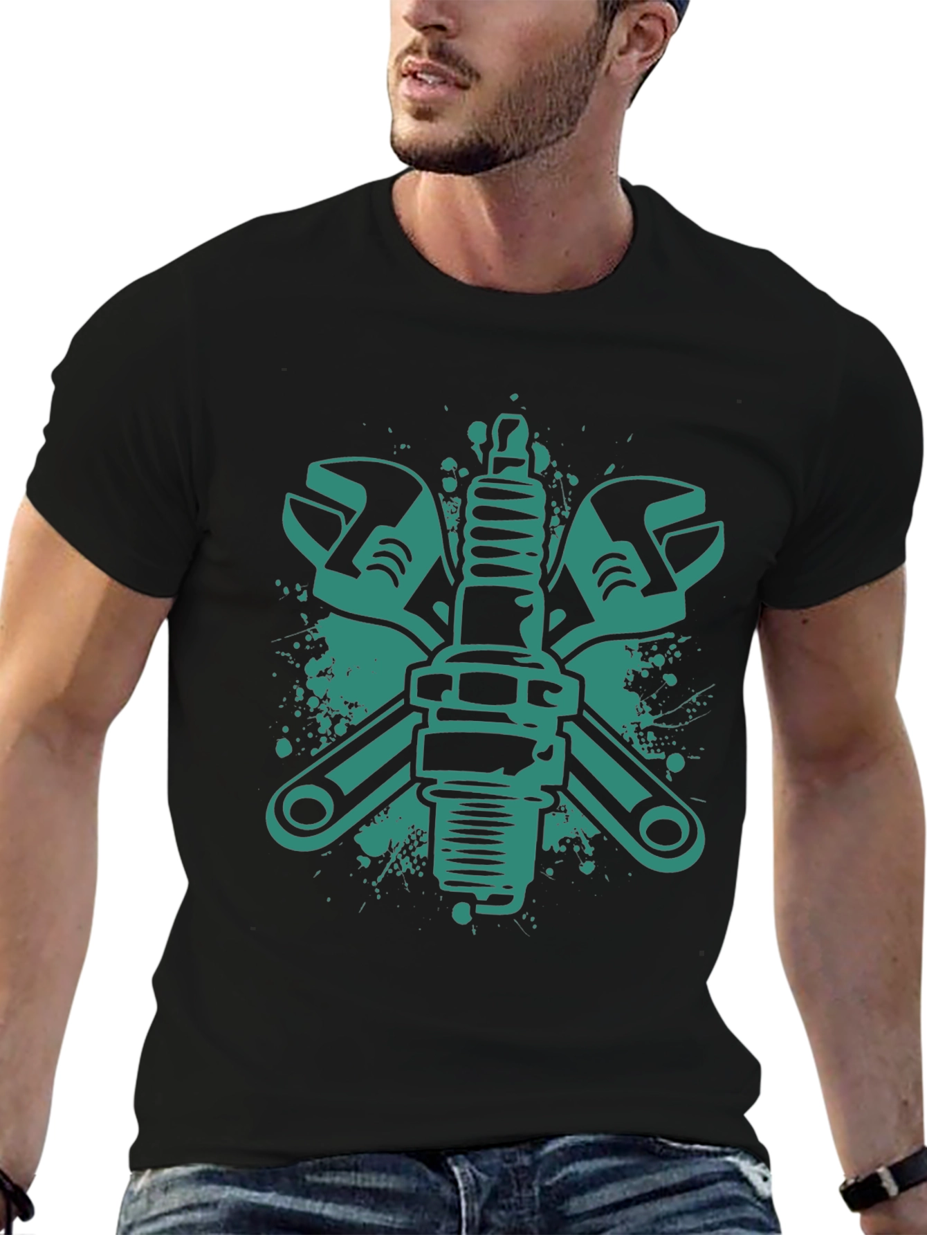 Mechanics Tee: Wrench & Spark Plug Graphic Black T-Shirt