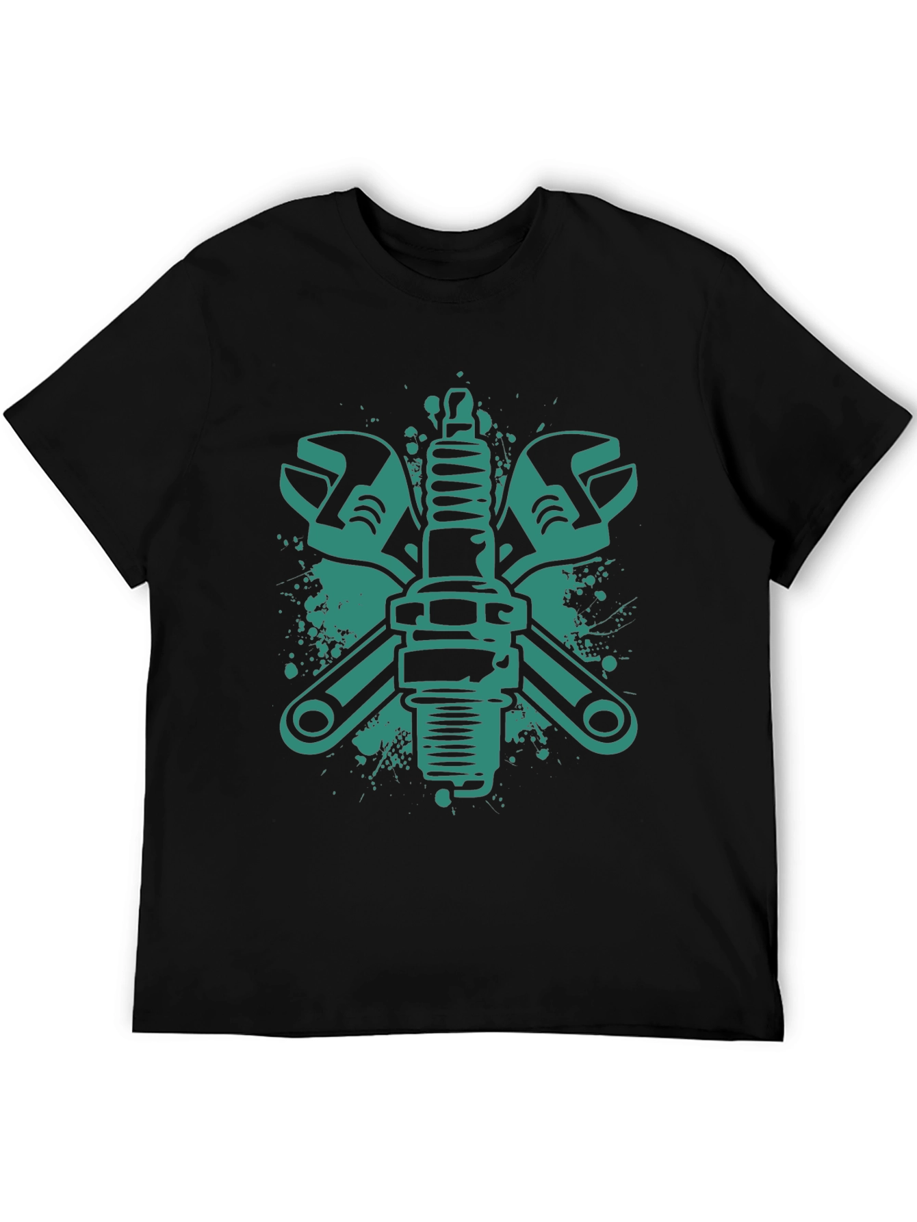 Mechanics Tee: Wrench & Spark Plug Graphic Black T-Shirt