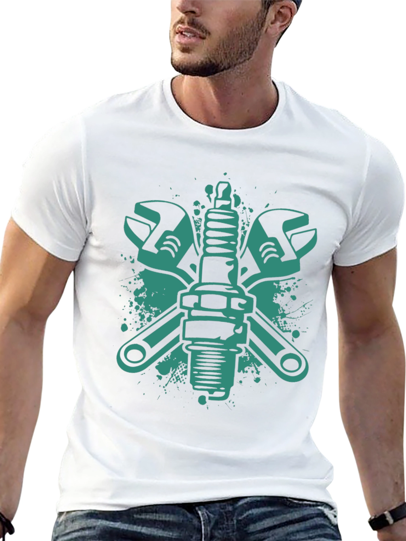 Mechanics Tee: Wrench & Spark Plug Graphic Black T-Shirt
