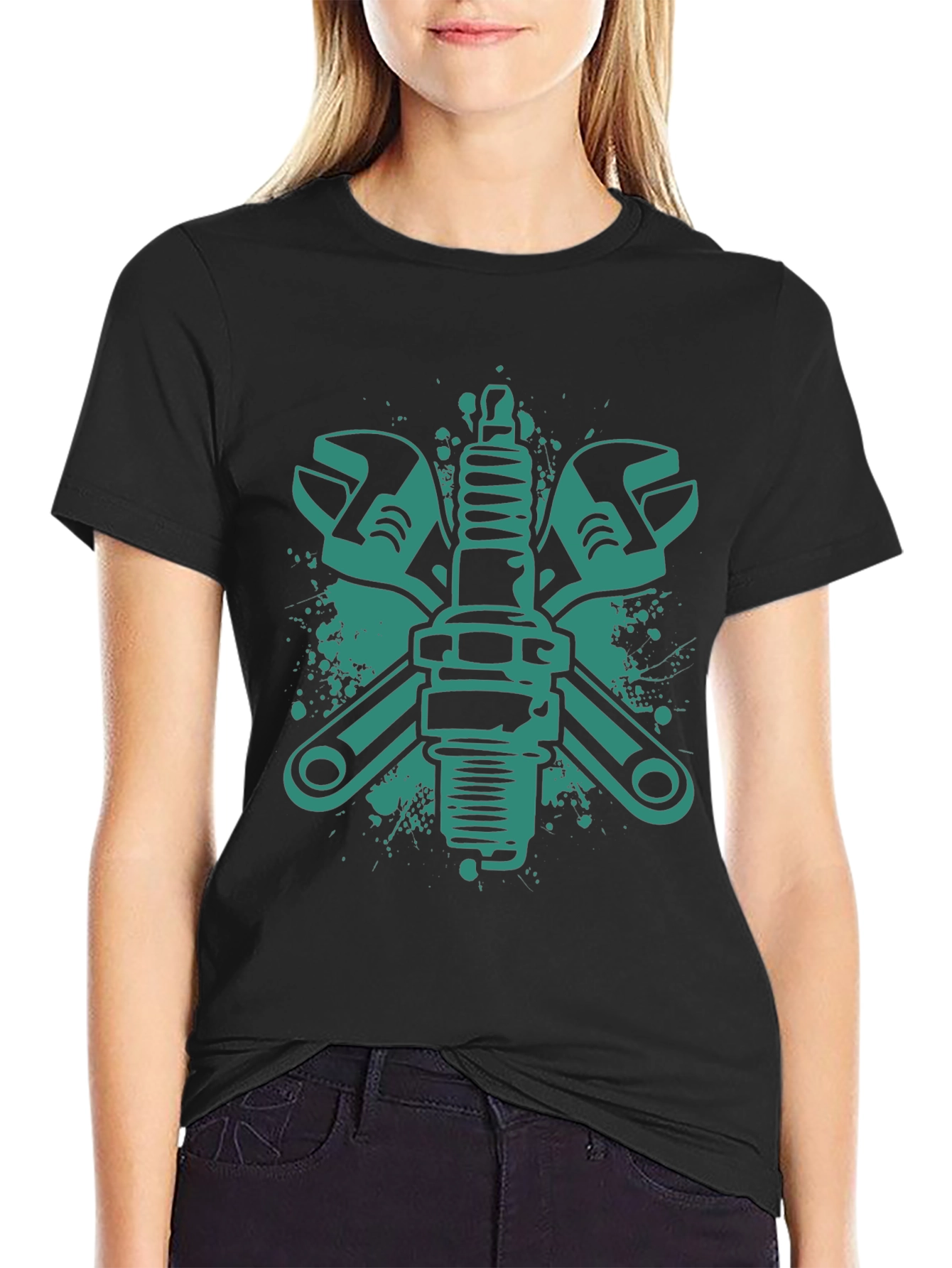Mechanics Tee: Wrench & Spark Plug Graphic Black T-Shirt