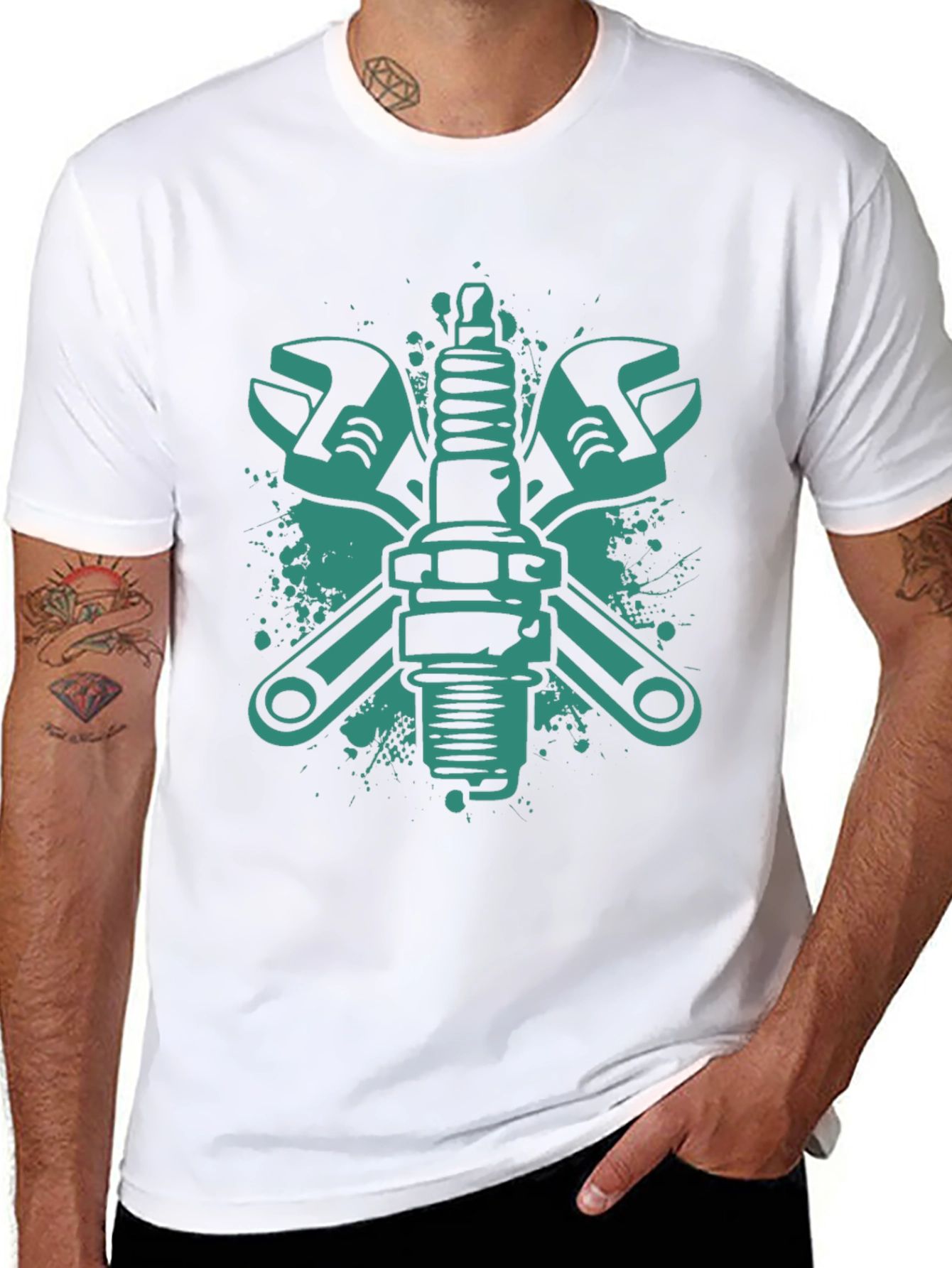 Mechanics Tee: Wrench & Spark Plug Graphic Black T-Shirt