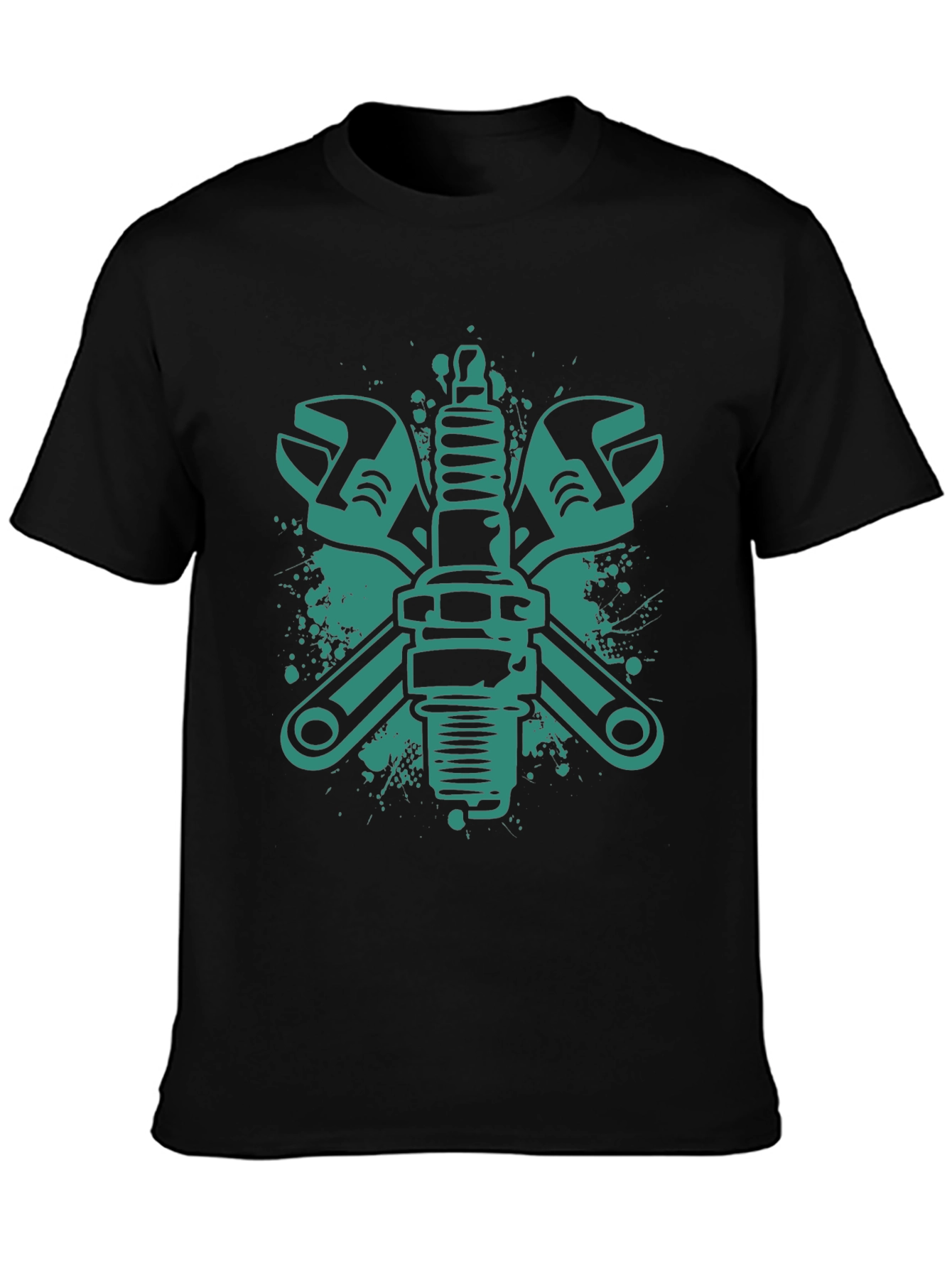Mechanics Tee: Wrench & Spark Plug Graphic Black T-Shirt