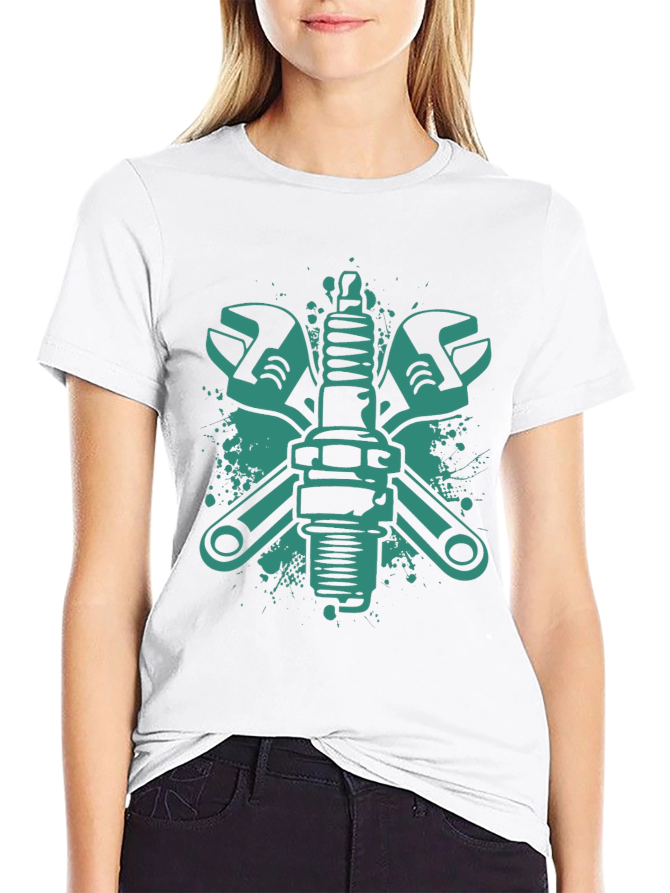 Mechanics Tee: Wrench & Spark Plug Graphic Black T-Shirt