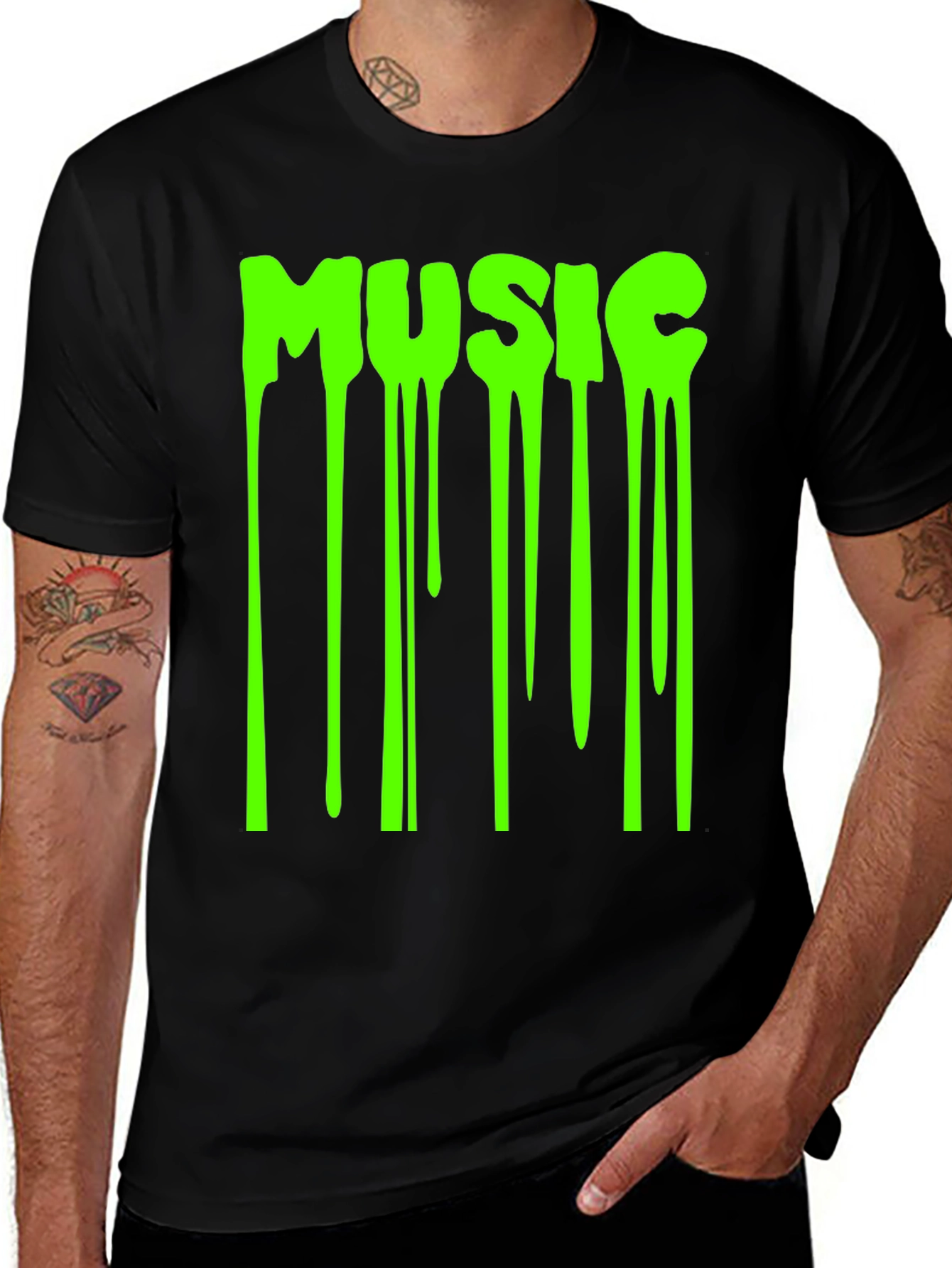 Mens Black T-Shirt with Dripping Music Graphic