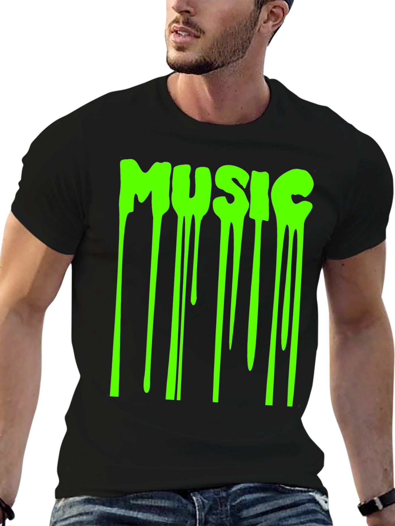 Mens Black T-Shirt with Dripping Music Graphic