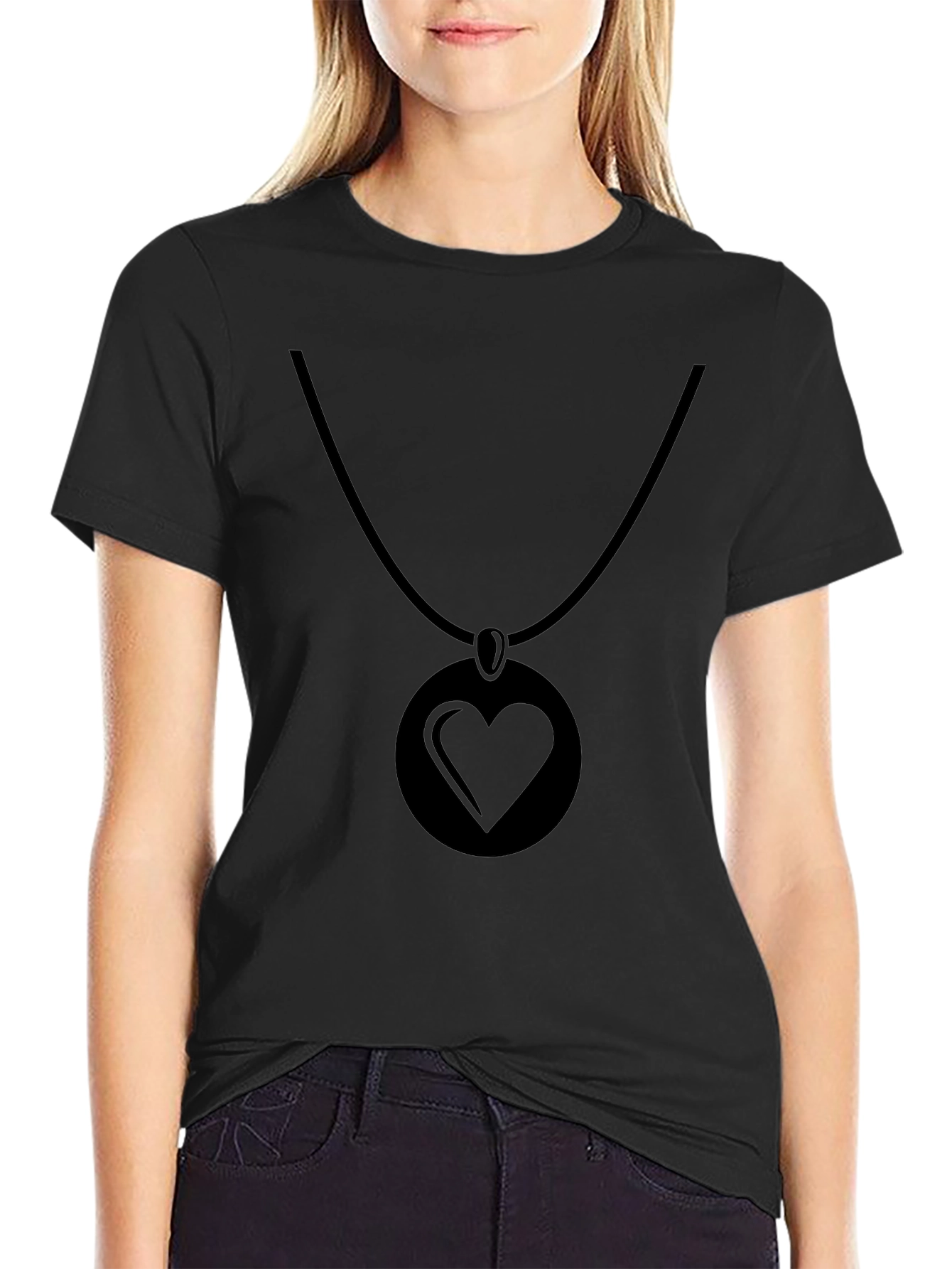 Black Heart Pendant Graphic Tee - Modern Casual Style