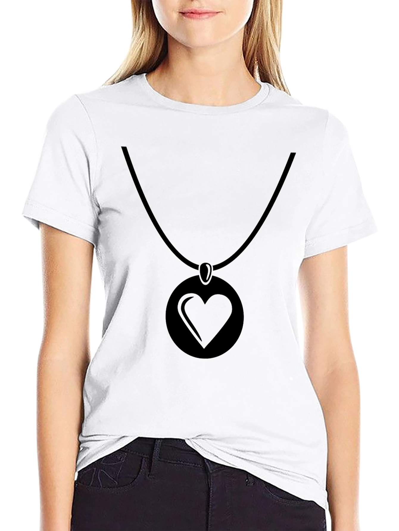 Black Heart Pendant Graphic Tee - Modern Casual Style