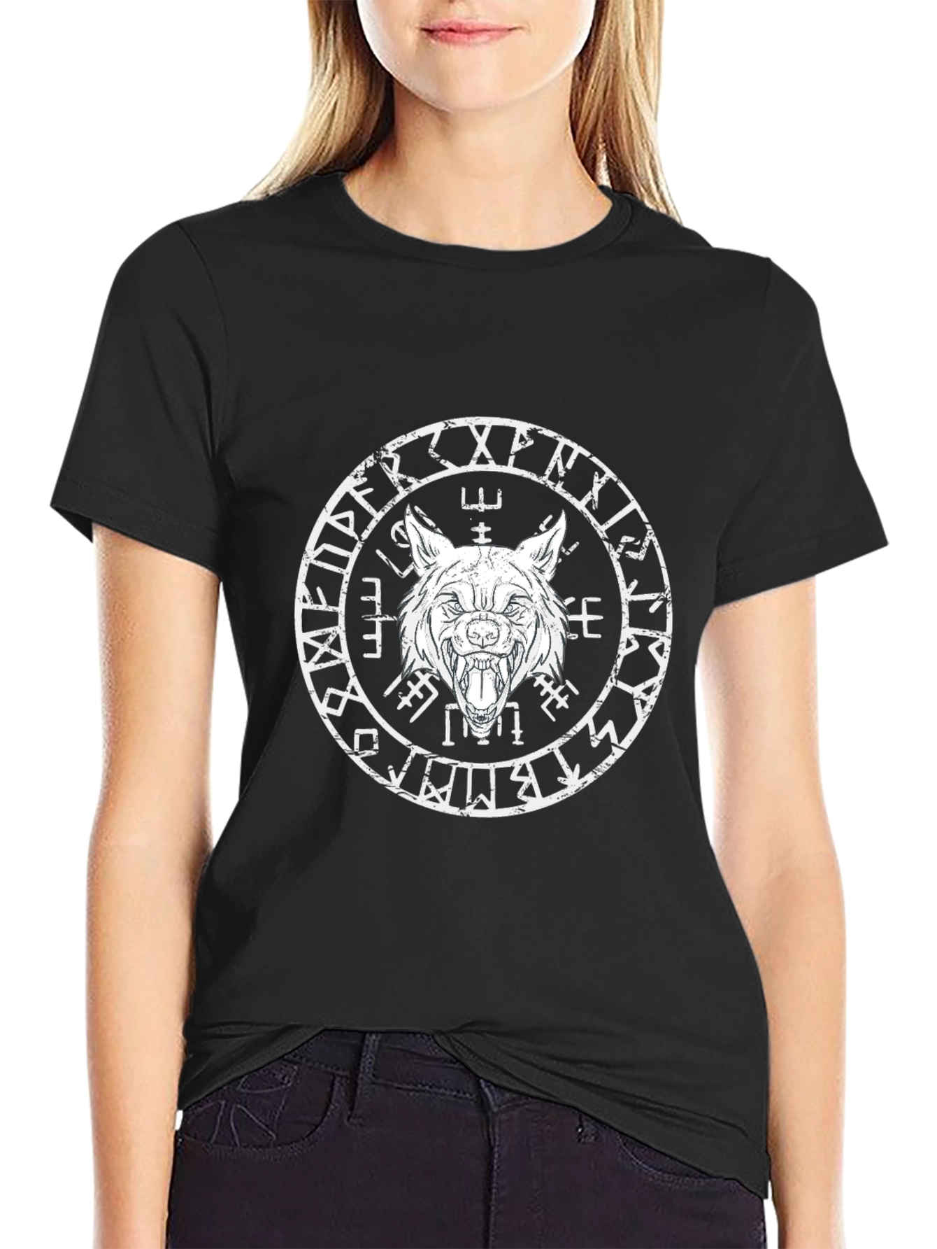 Wolf Rune Circle Graphic T-Shirt - Black