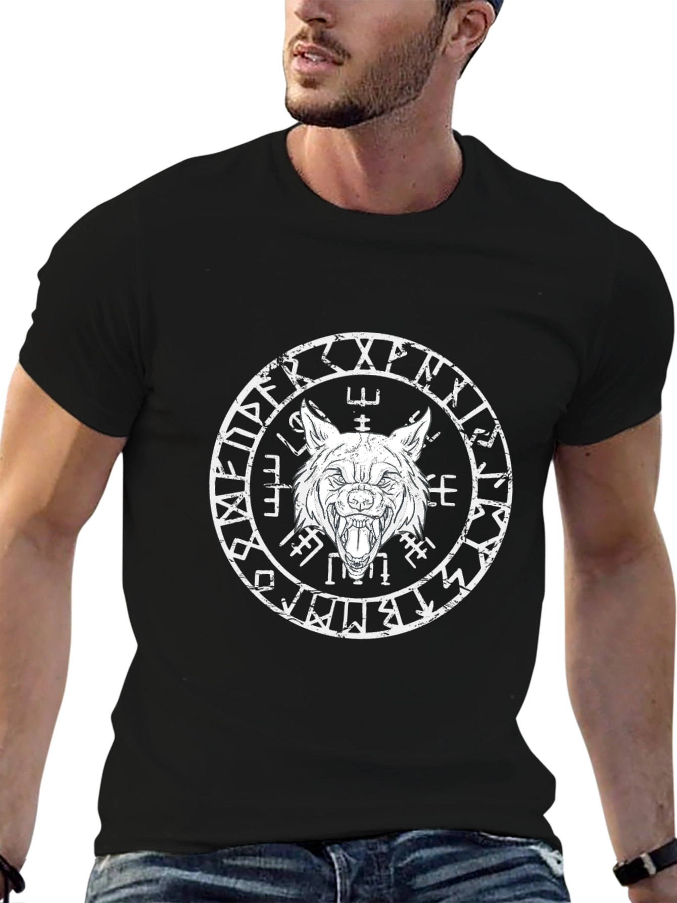 Wolf Rune Circle Graphic T-Shirt - Black