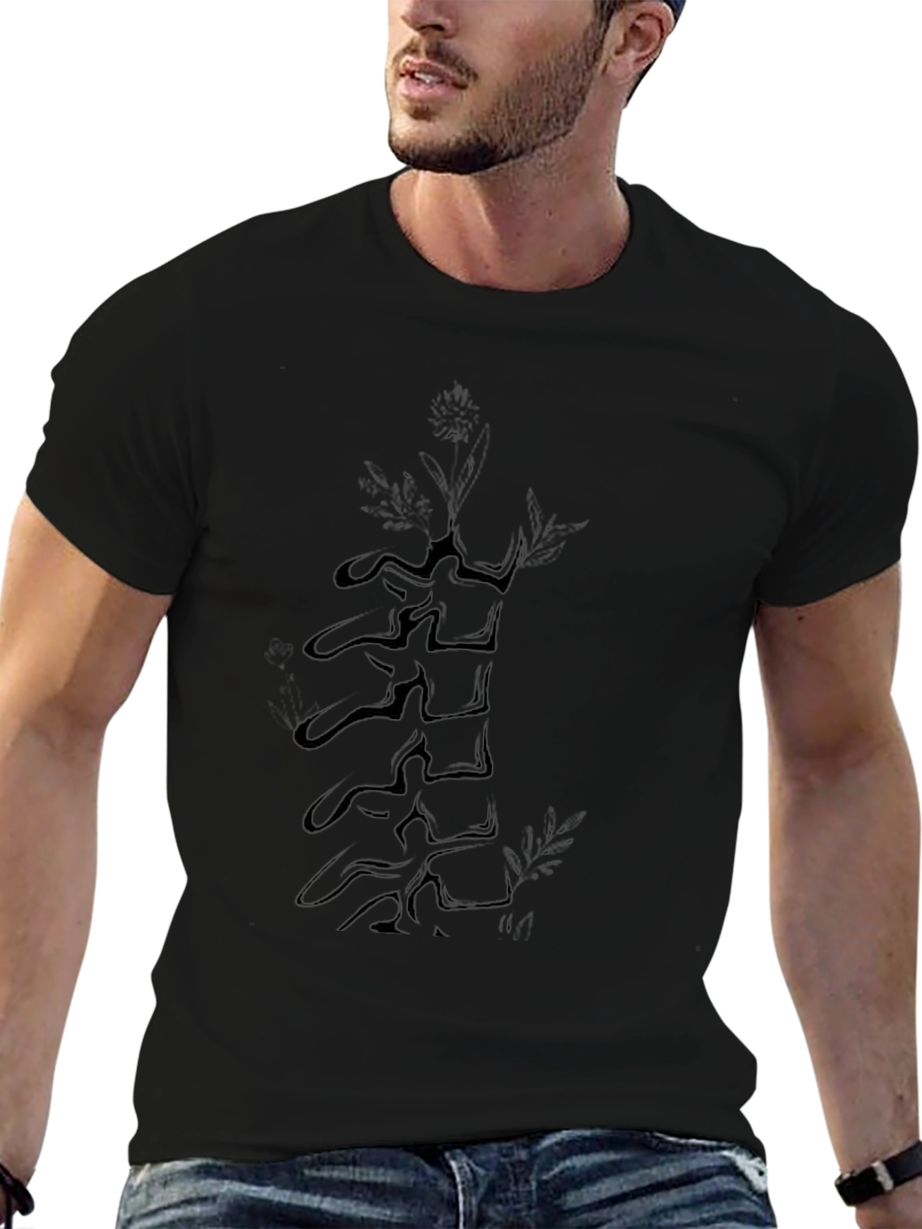 Vertebrae Spine & Flower Graphic Black T-Shirt