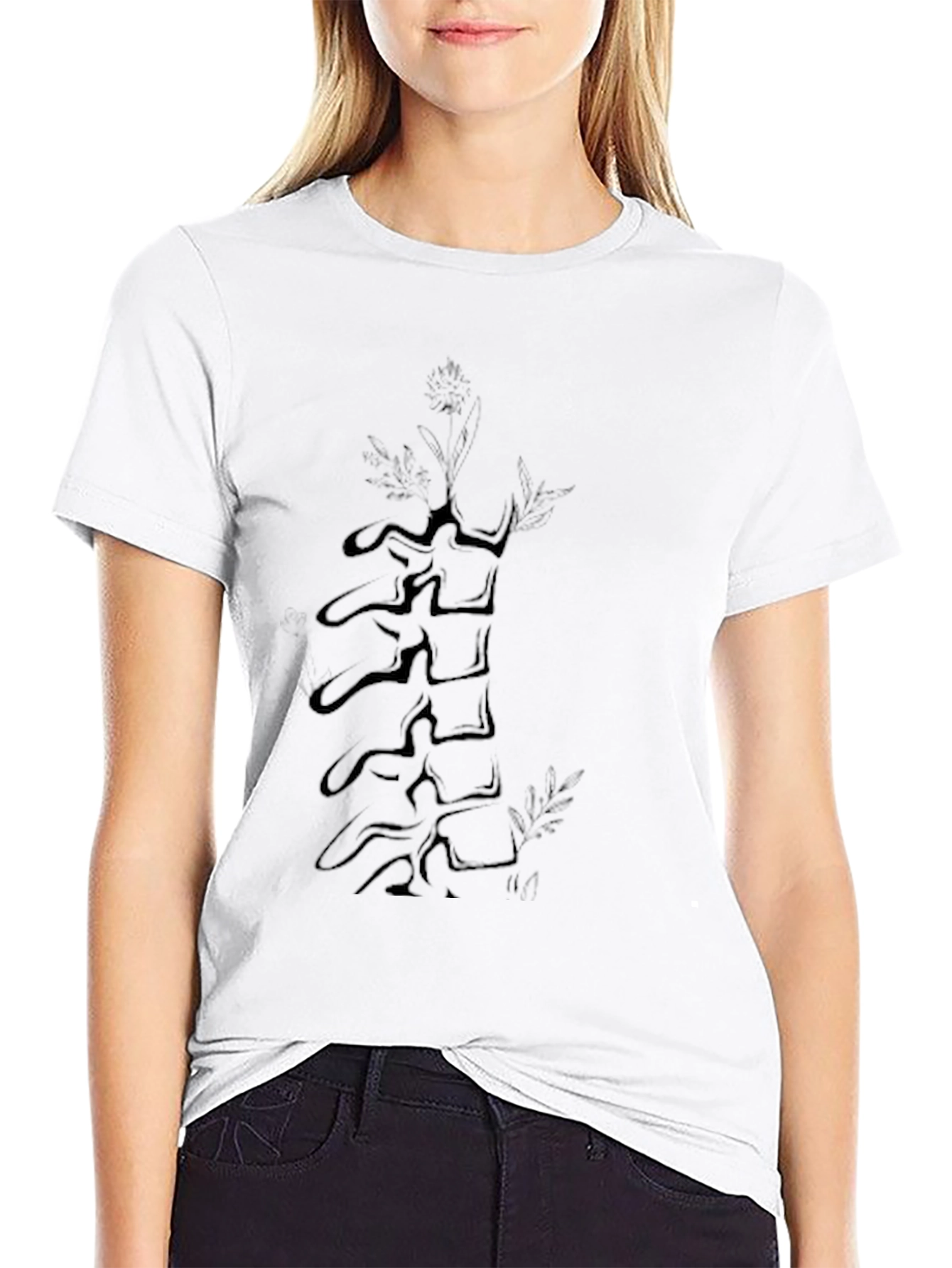 Vertebrae Spine & Flower Graphic Black T-Shirt