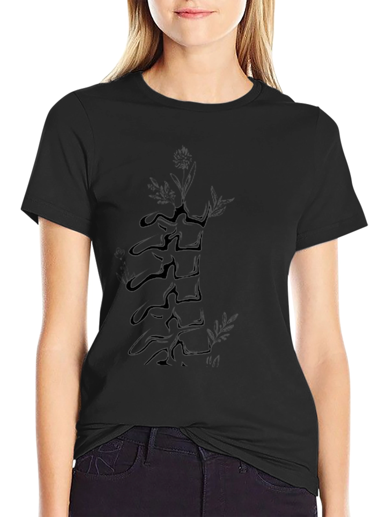 Vertebrae Spine & Flower Graphic Black T-Shirt