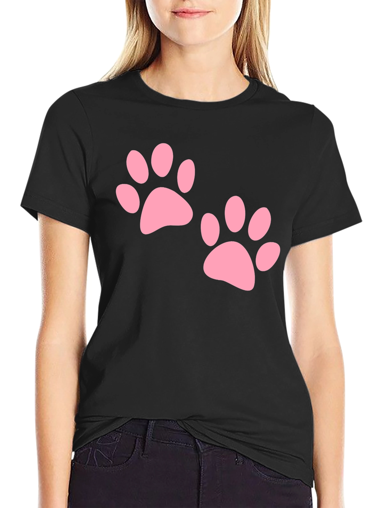 Black Tee with Pink Paw Prints