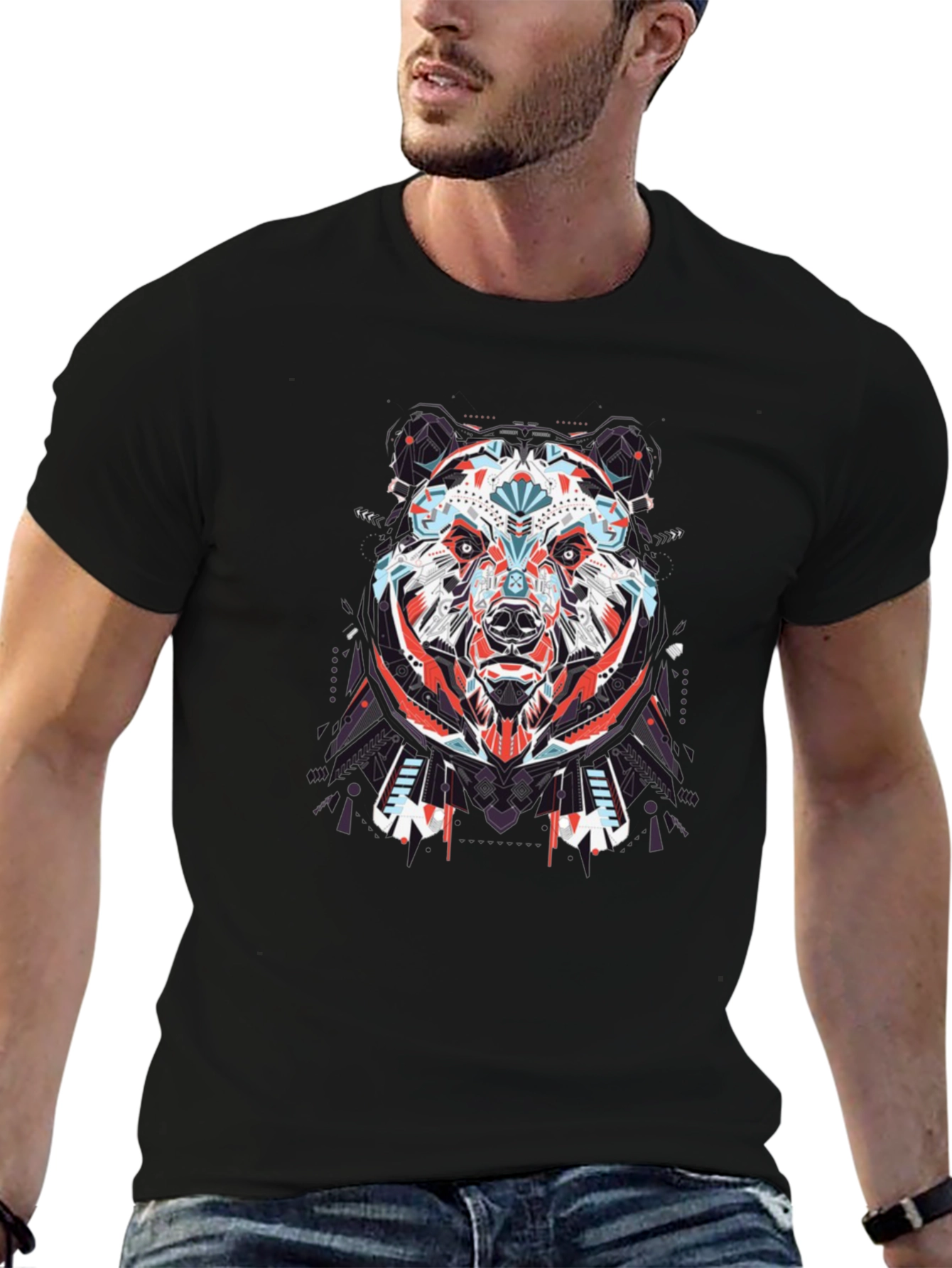 Geometric Bear Graphic Tee - Black Cotton T-Shirt