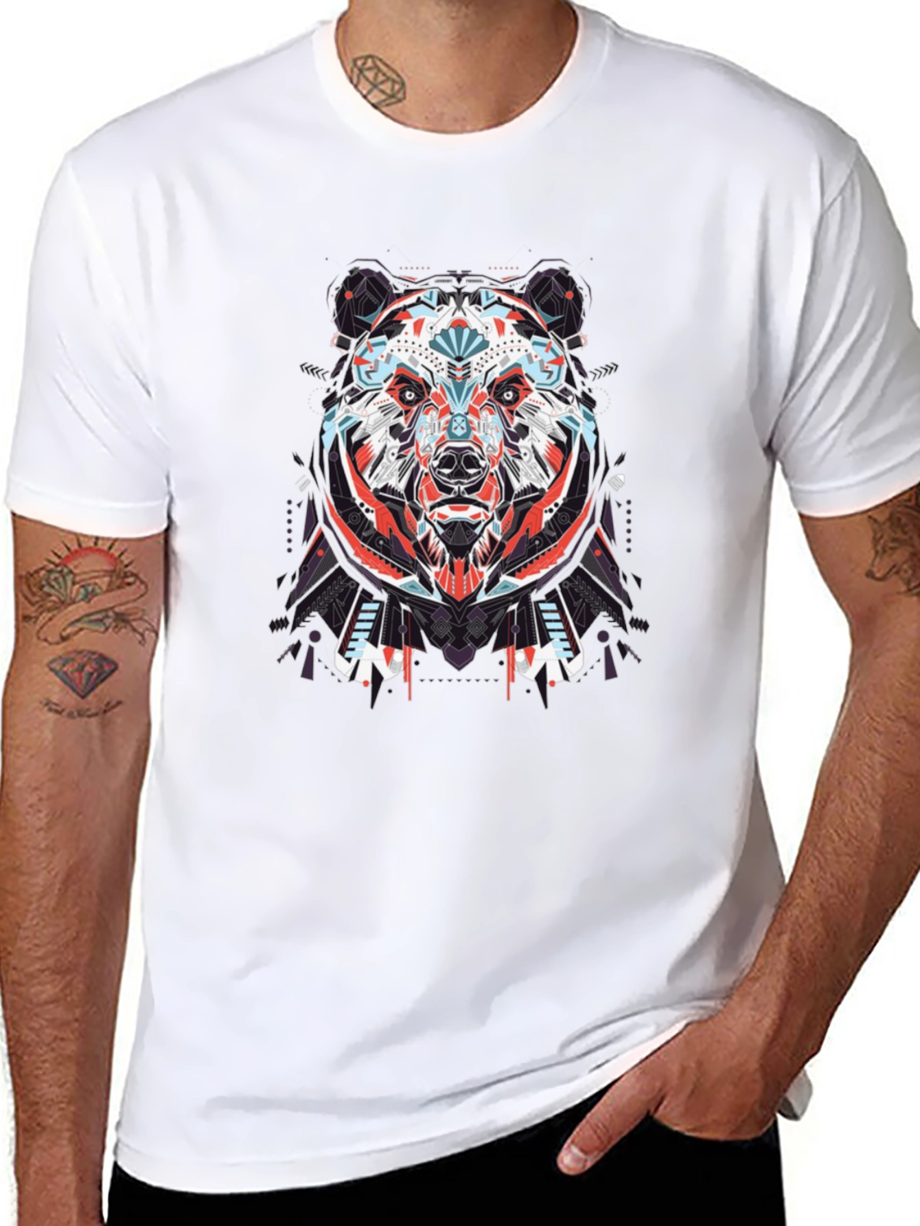 Geometric Bear Graphic Tee - Black Cotton T-Shirt