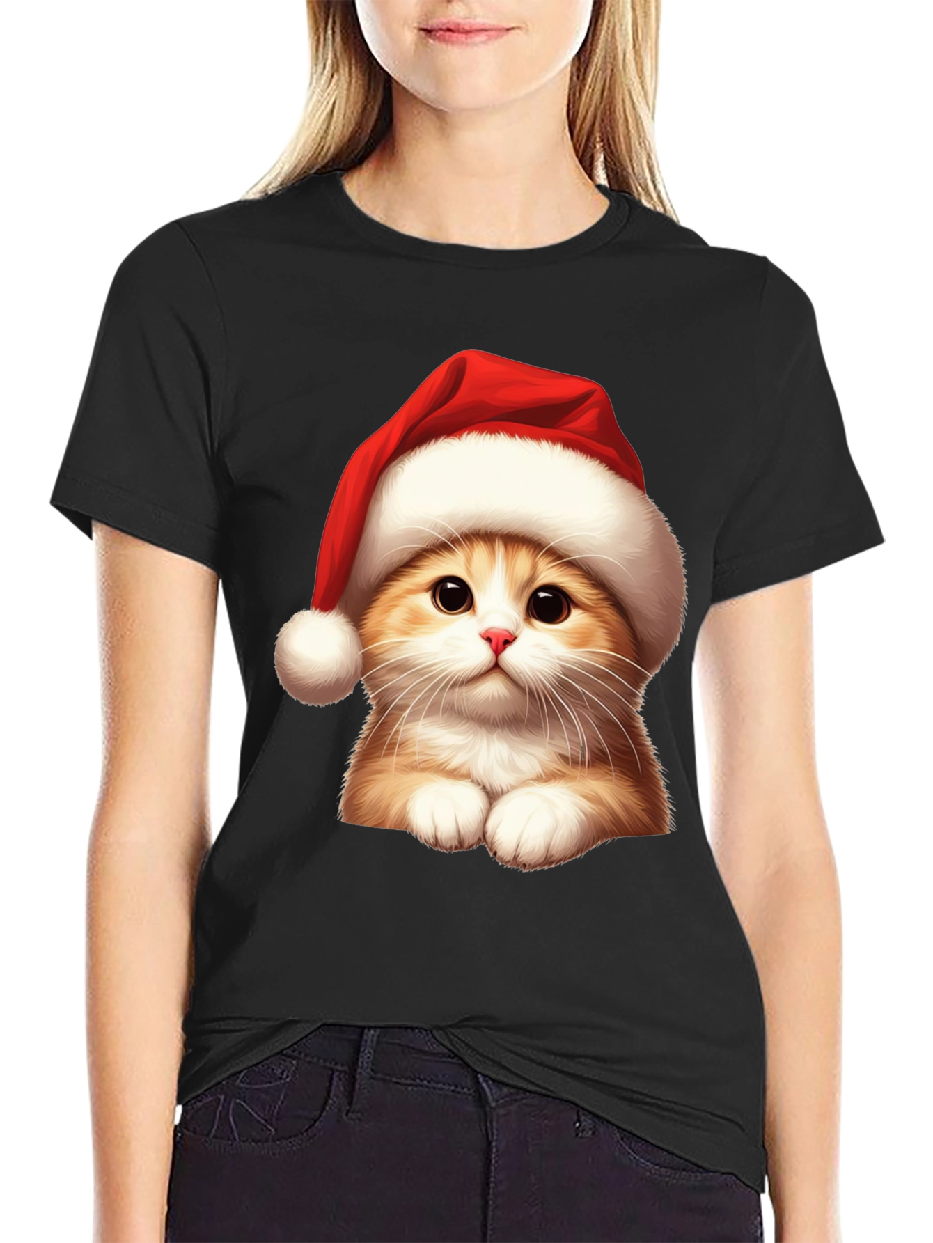 Festive Cat Tee - Santa Hat Holiday Shirt