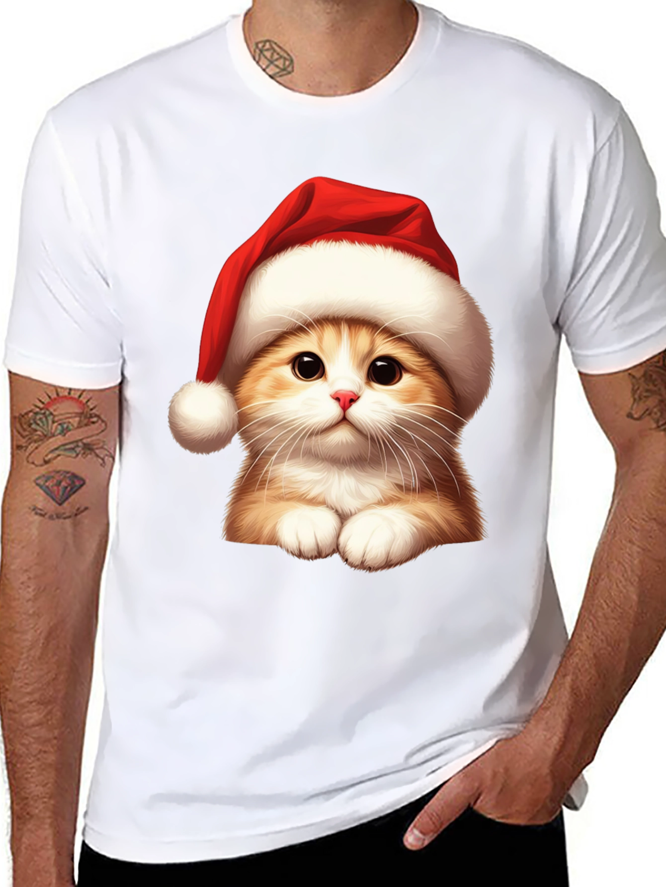Festive Cat Tee - Santa Hat Holiday Shirt