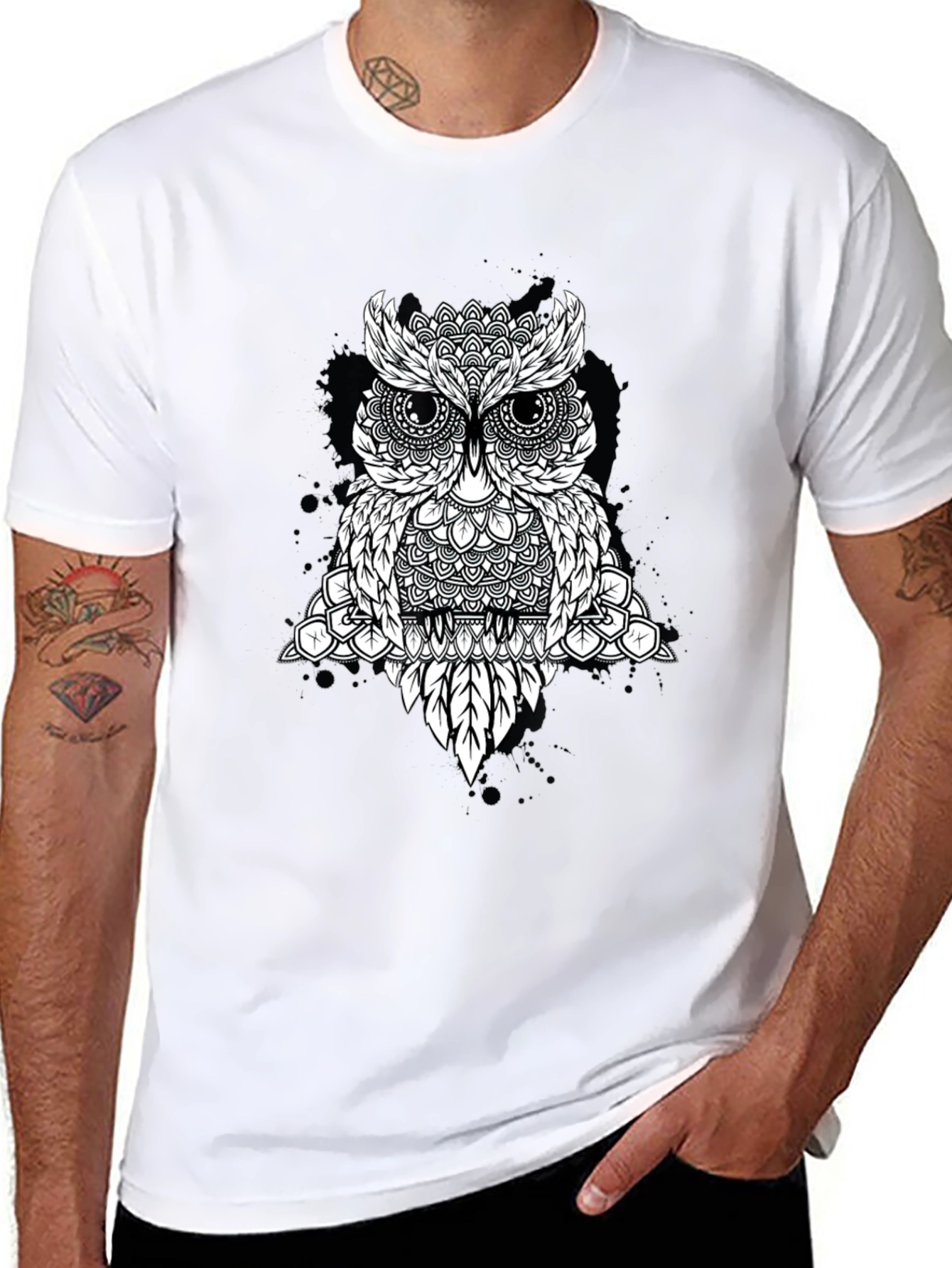 Geometric Owl Graphic Tee - Black