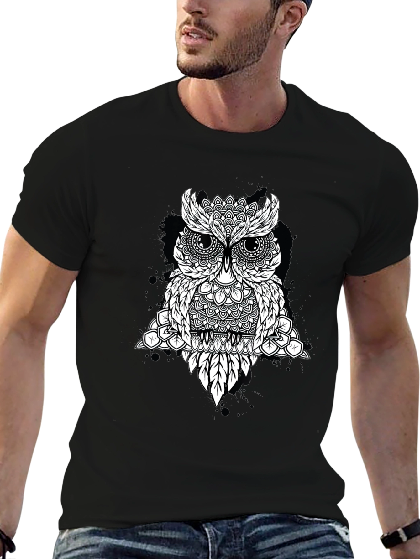Geometric Owl Graphic Tee - Black