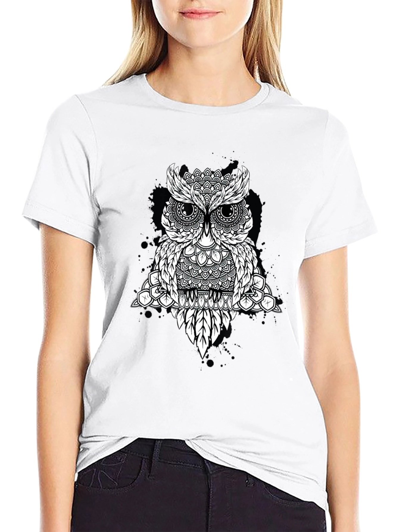 Geometric Owl Graphic Tee - Black
