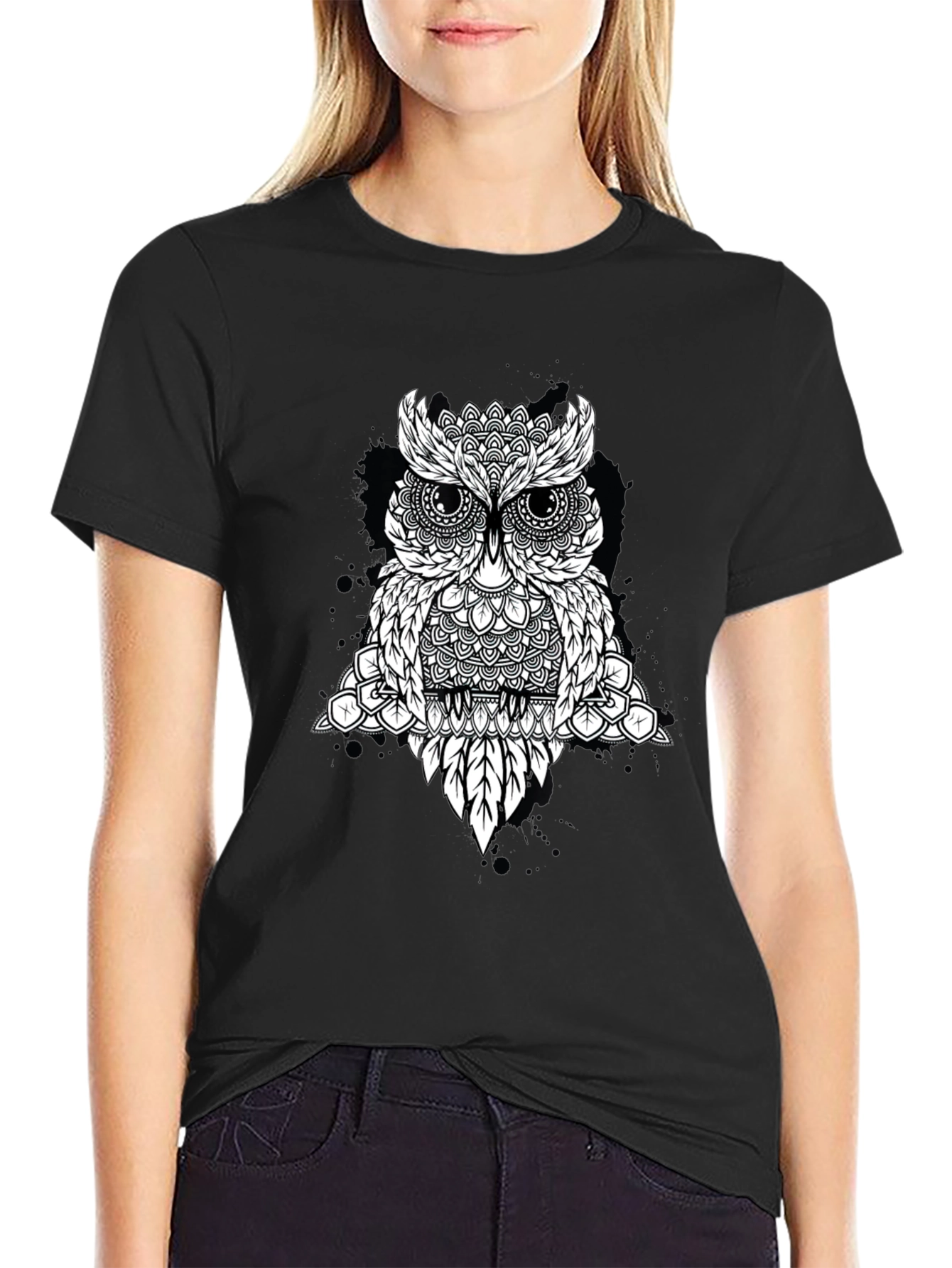 Geometric Owl Graphic Tee - Black