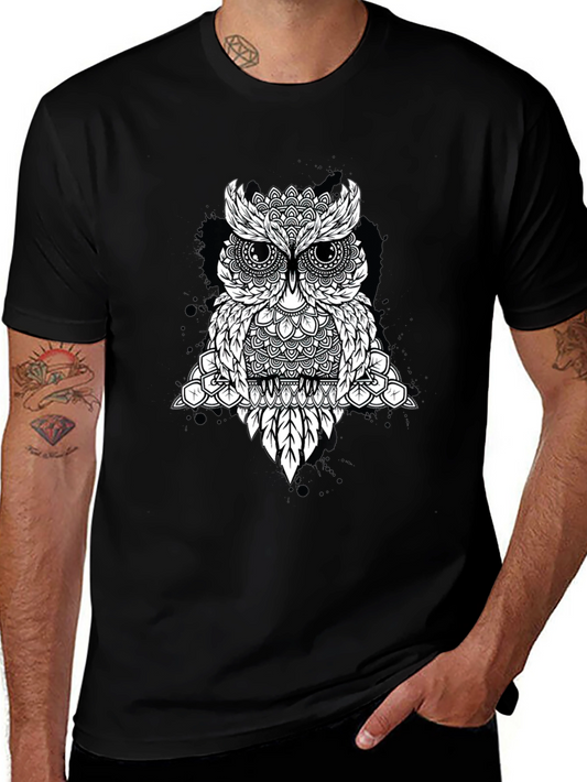 Geometric Owl Graphic Tee - Black