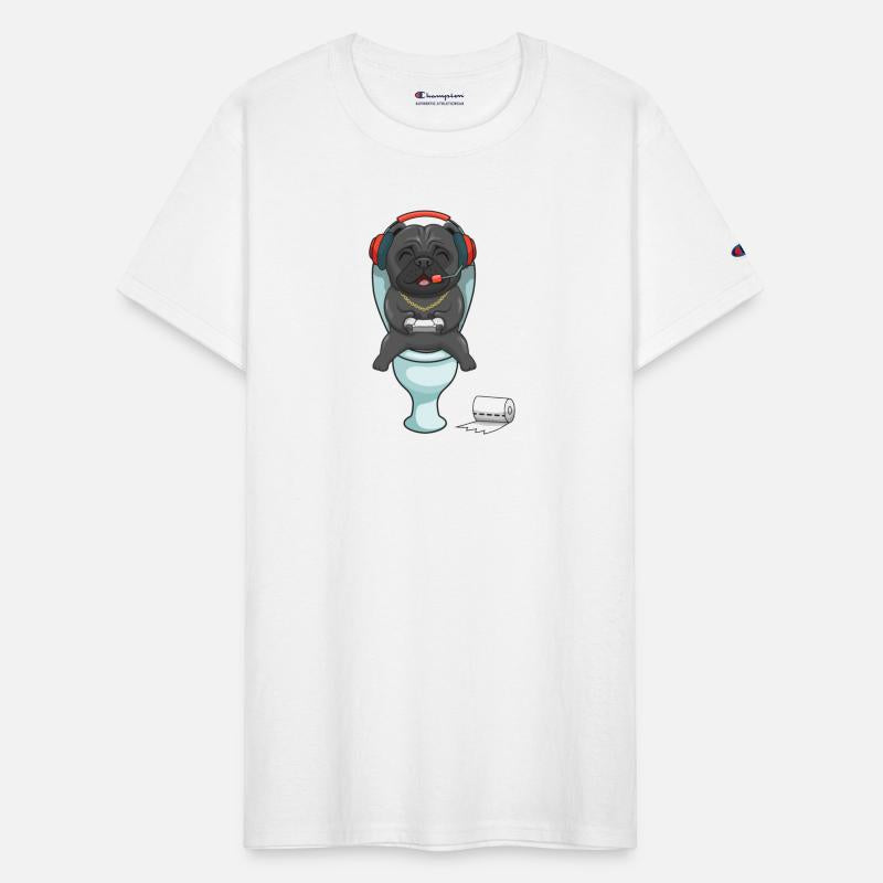 Hardcore gamer pug playing on the toilet