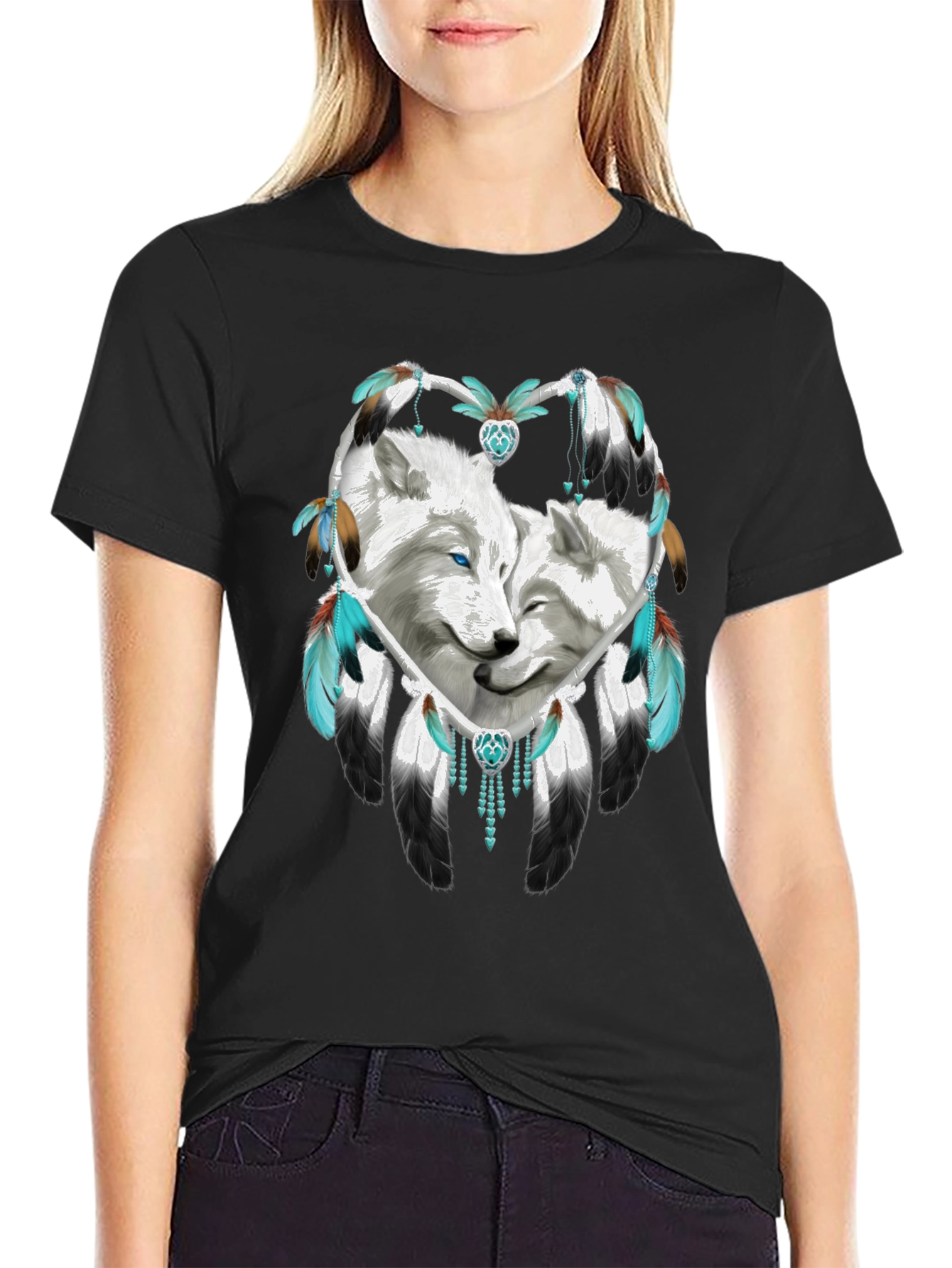 Wolf Dreamcatcher Graphic Tee - Black Cotton Blend Shirt