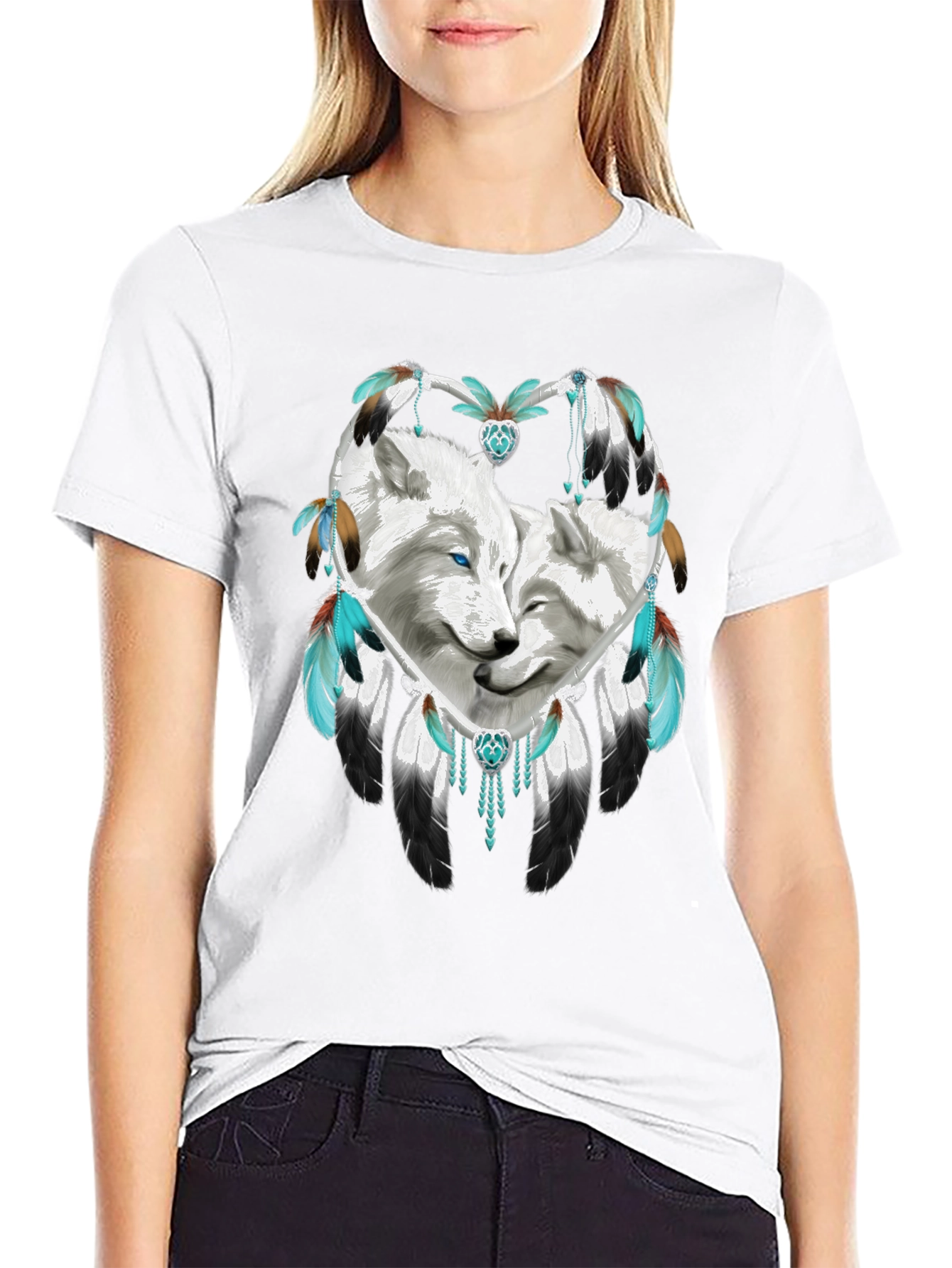 Wolf Dreamcatcher Graphic Tee - Black Cotton Blend Shirt