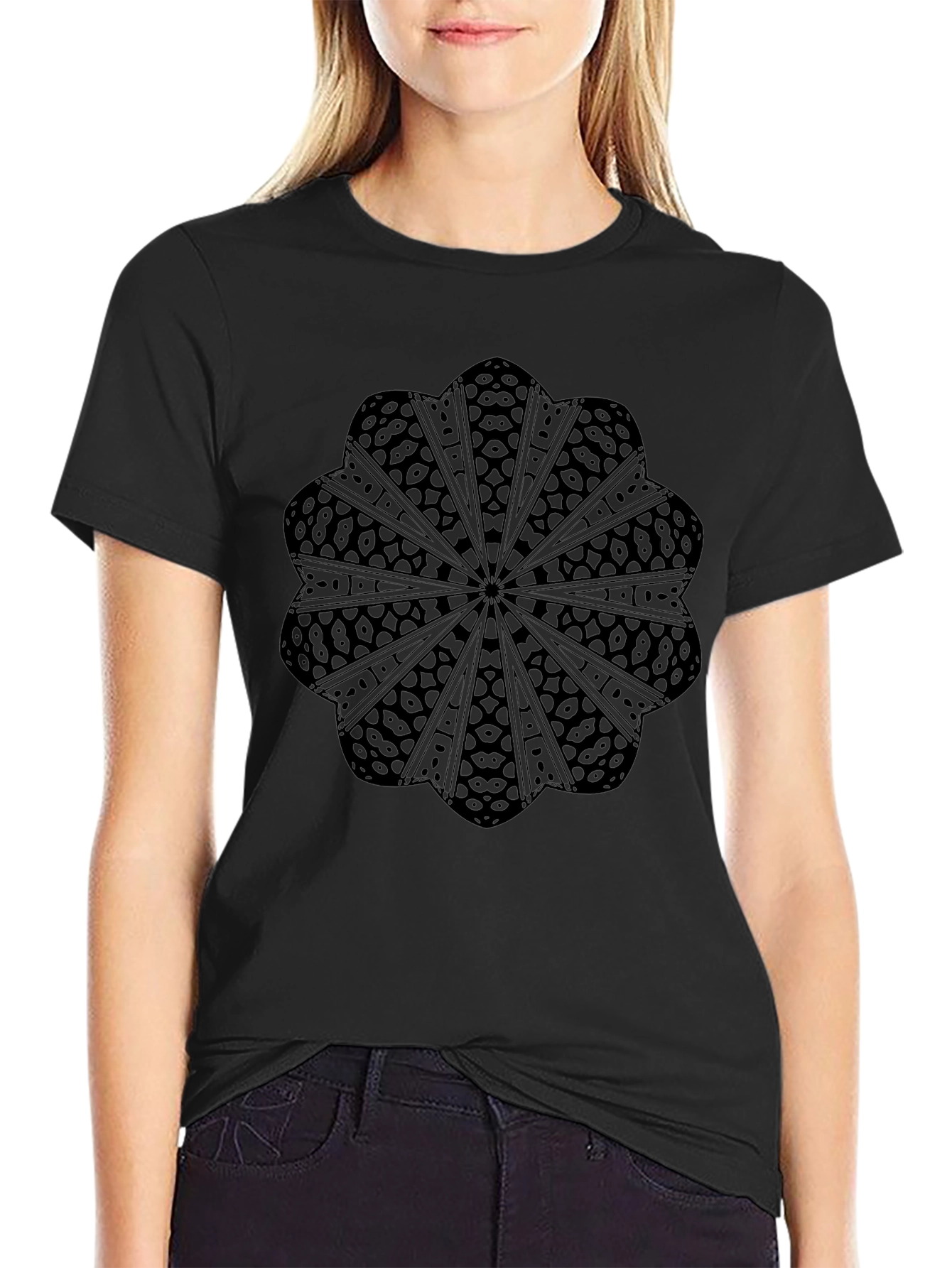 Black Graphic Tee: Mandala Style Design