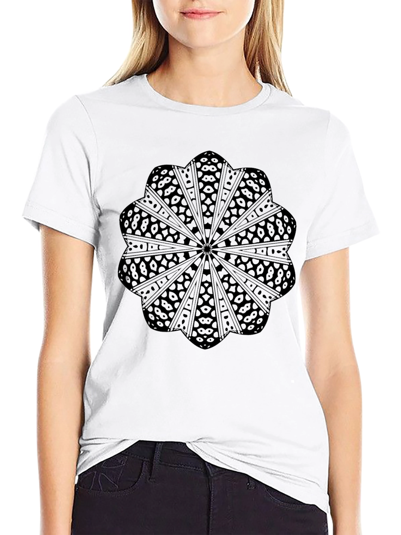 Black Graphic Tee: Mandala Style Design