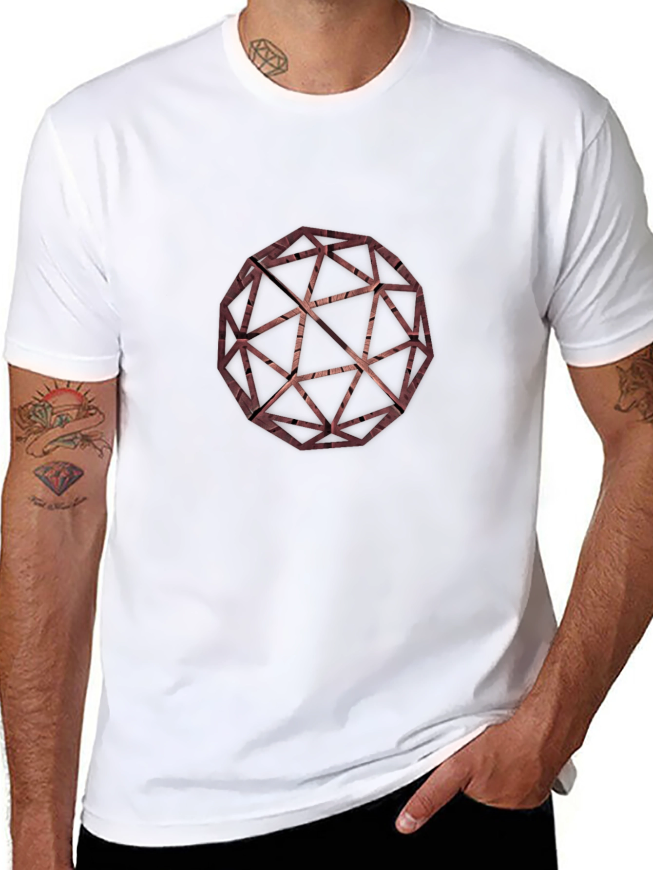 Geometric Wooden Sphere Graphic Tee - Modern Style