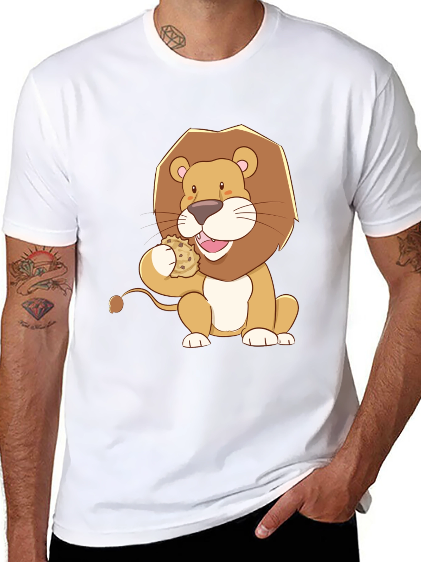 Lion Eating Cookie Graphic Tee - Black Cotton Shirt