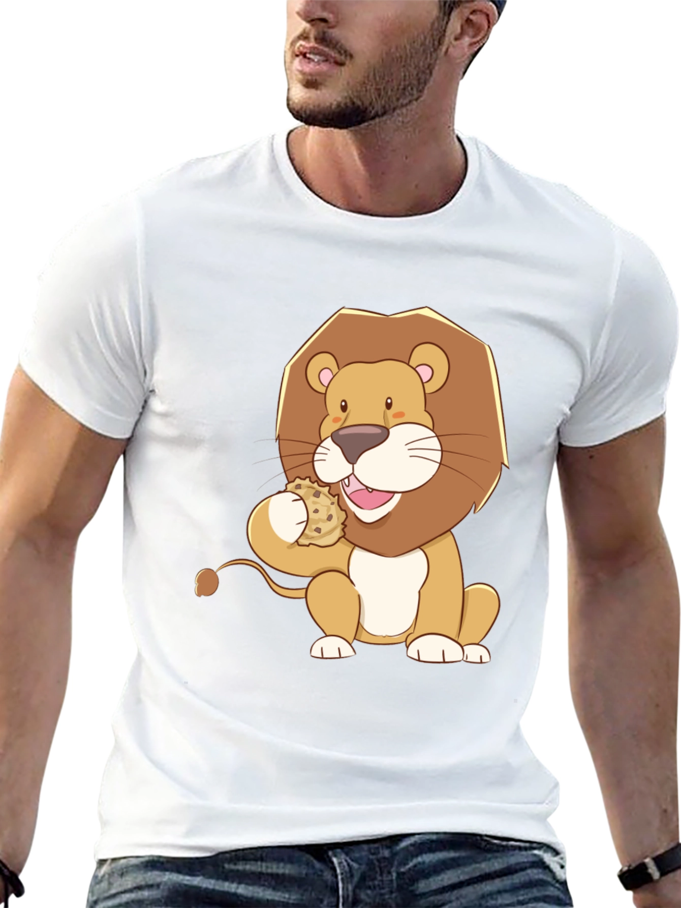 Lion Eating Cookie Graphic Tee - Black Cotton Shirt