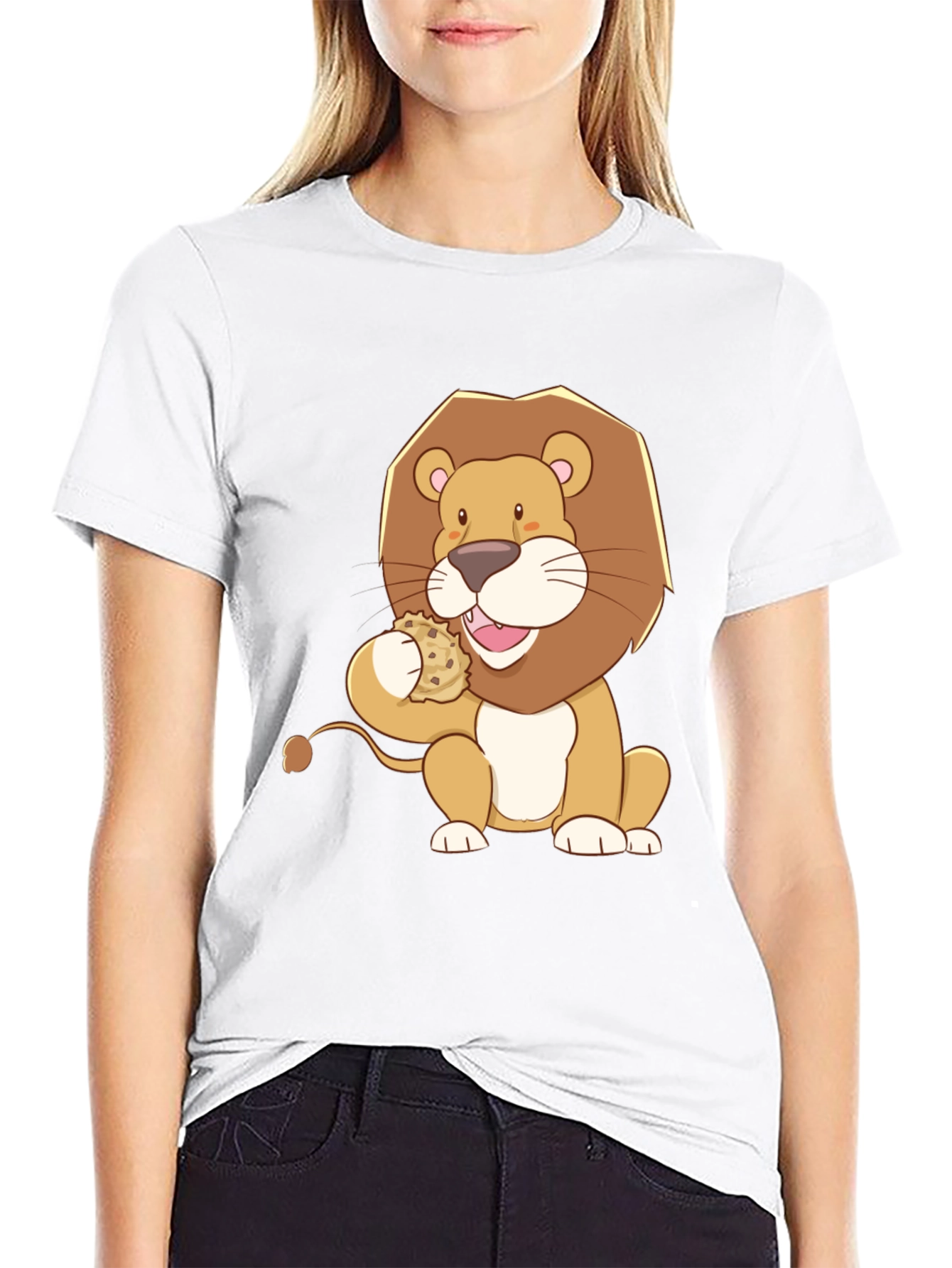Lion Eating Cookie Graphic Tee - Black Cotton Shirt